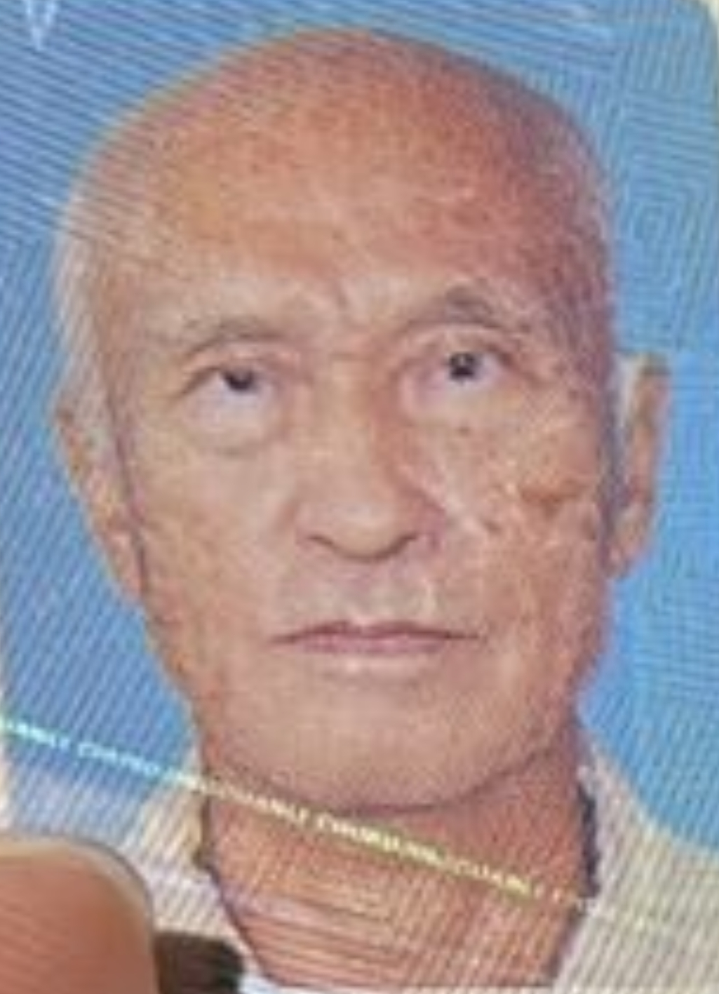 Chu Tan-pin, aged 78, is about 1.7 metres tall, 66 kilograms in weight and of thin build. He has a long face with yellow complexion and short white hair. He was last seen wearing a white tee, black trousers, brown shoes and carrying a blue bag.