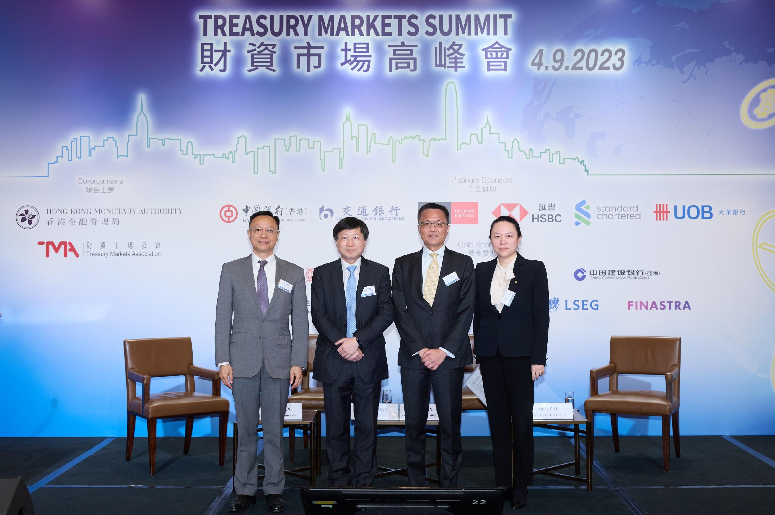 The Treasury Markets Summit 2023 was held today (September 4) in Hong Kong. Photo shows Deputy Chief Executive of the Hong Kong Monetary Authority and the Chair of the Treasury Markets Association Executive Board, Mr Darryl Chan (first left) who shared his views on offshore Renminbi development opportunities today. Joining him on the panel discussion are Advisor to Co-Chief Executives, the Hongkong and Shanghai Banking Corporation Limited Mr Justin Chan (second left); Managing Director and the Financial Markets Head, Asia, Standard Chartered Bank (Hong Kong) Limited, Mr John Tan (second right); and Deputy Head of Renminbi Business and the General Manager, Global Markets, Bank of China (Hong Kong) Limited, Ms Annie Zhu (first right). 