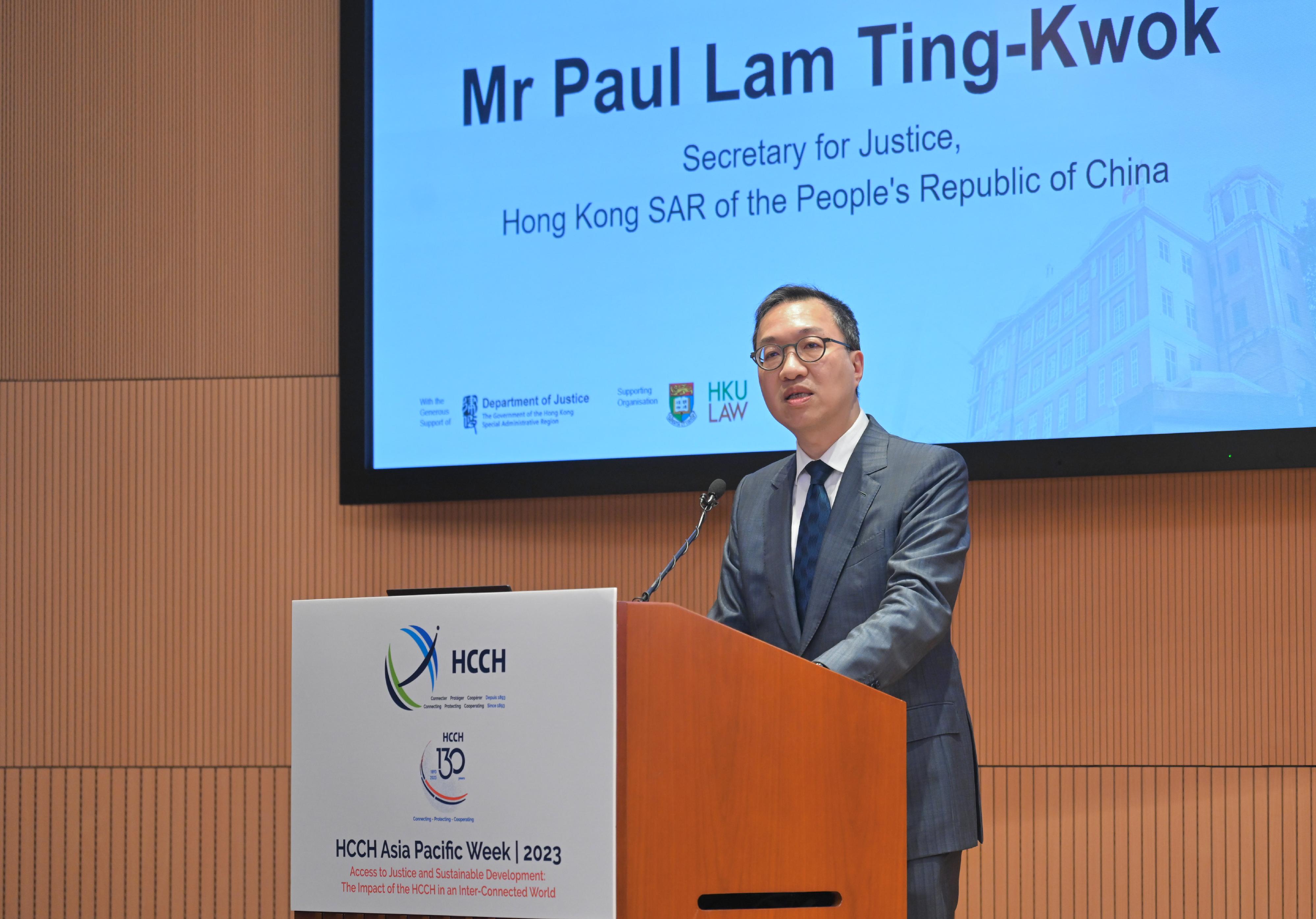 The Secretary for Justice, Mr Paul Lam, SC, speaks at the opening of the HCCH Asia Pacific Week 2023 - Access to Justice and Sustainable Development: The Impact of the HCCH in an Inter-Connected World today (September 11).

