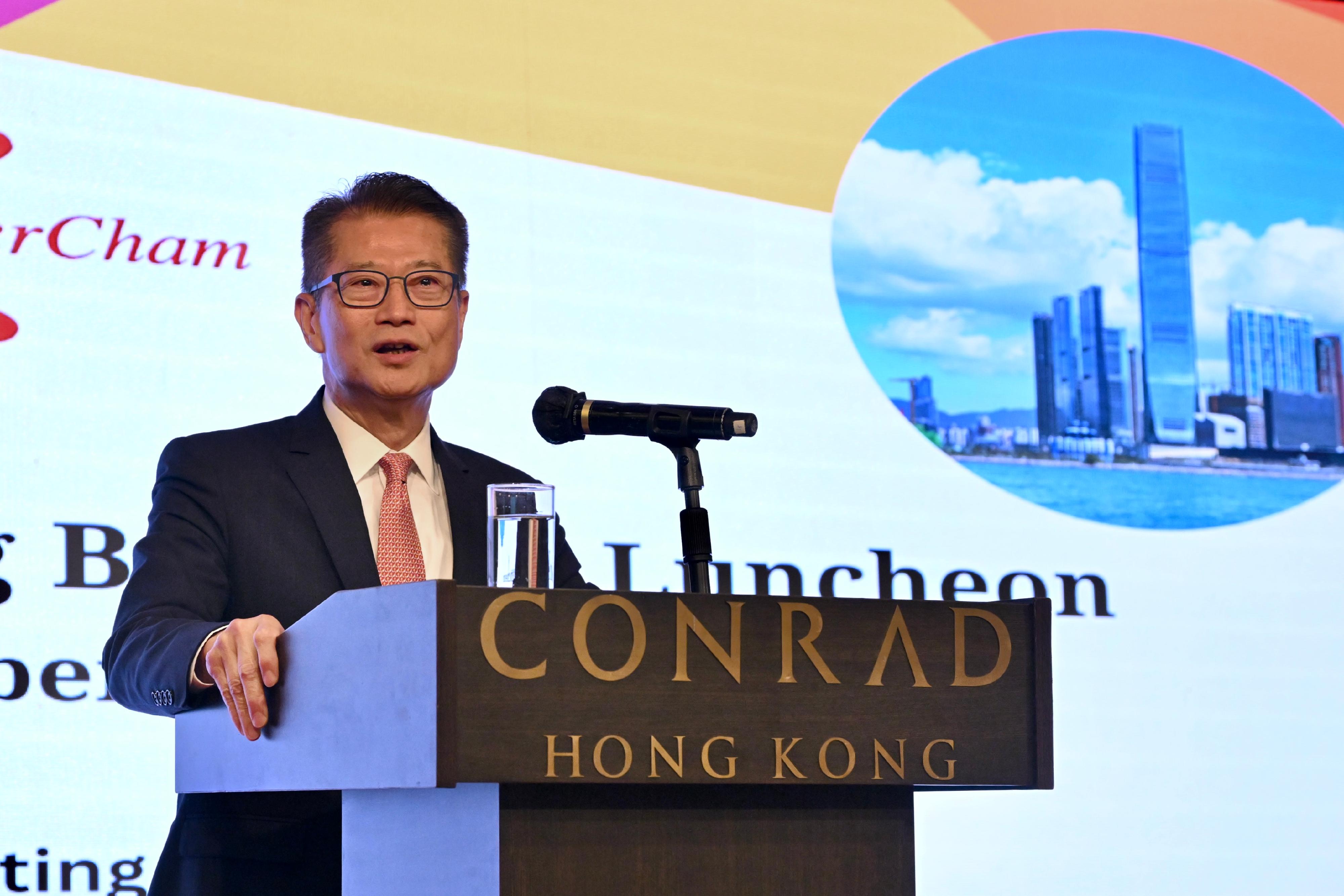 The Financial Secretary, Mr Paul Chan, speaks at the InterCham Hong Kong Business Luncheon today (September 11).