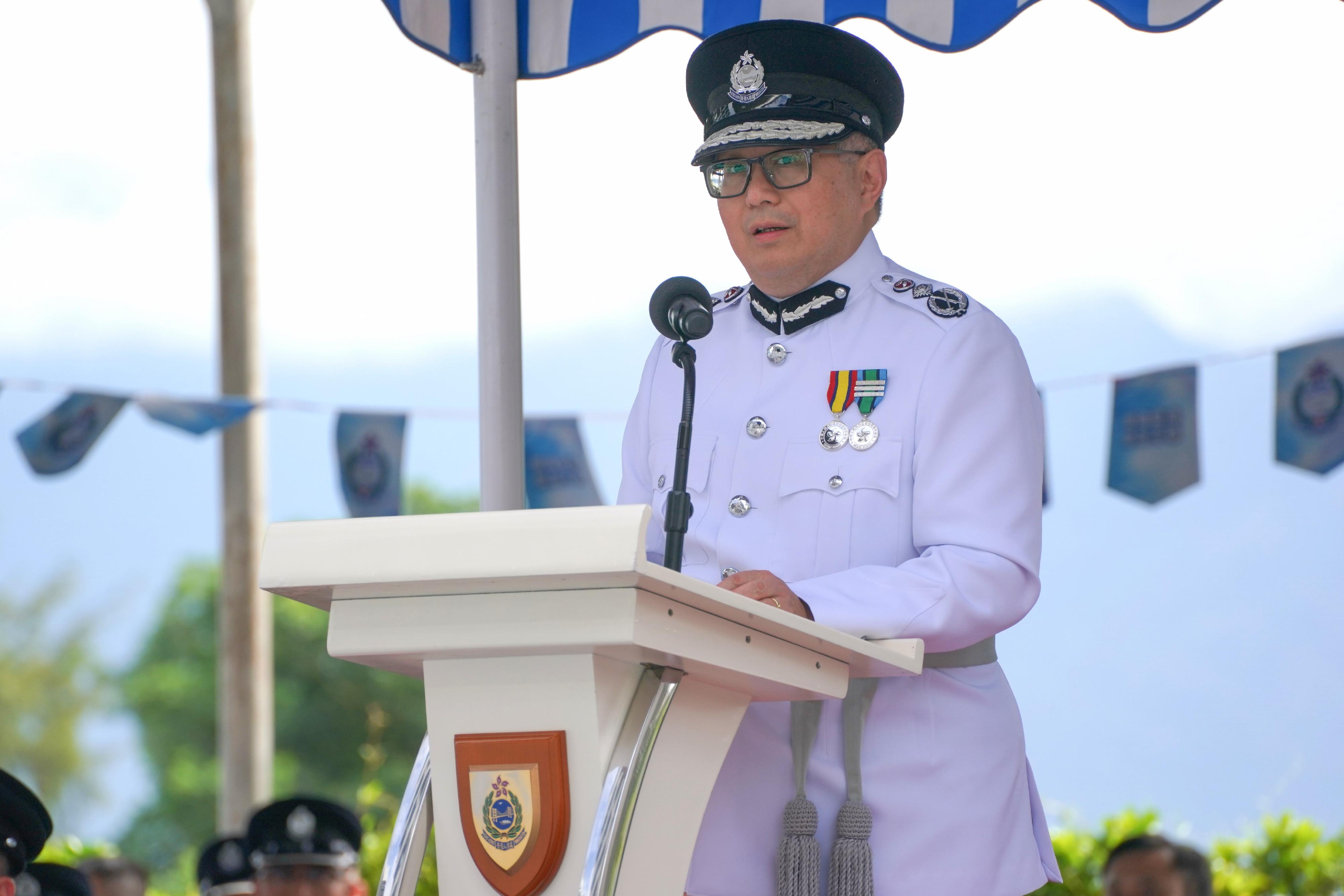 The Director of Immigration, Mr Au Ka-wang, delivers a speech at the Immigration Service Institute of Training and Development Passing-out Parade today (September 13).