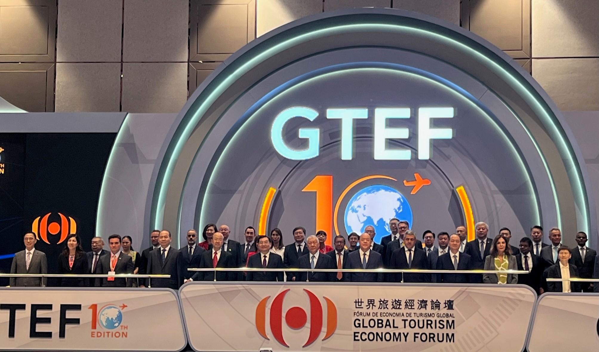 The Secretary for Culture, Sports and Tourism, Mr Kevin Yeung, this morning (September 21) attended the 10th Global Tourism Economy Forum • Macao 2023 Opening Ceremony in Macao. Photo shows Mr Yeung (front row, first left), the Minister of Culture and Tourism and Honorary Chairman of Global Tourism Economy Forum, Mr Hu Heping (front row, sixth left), and other guests at the opening ceremony.