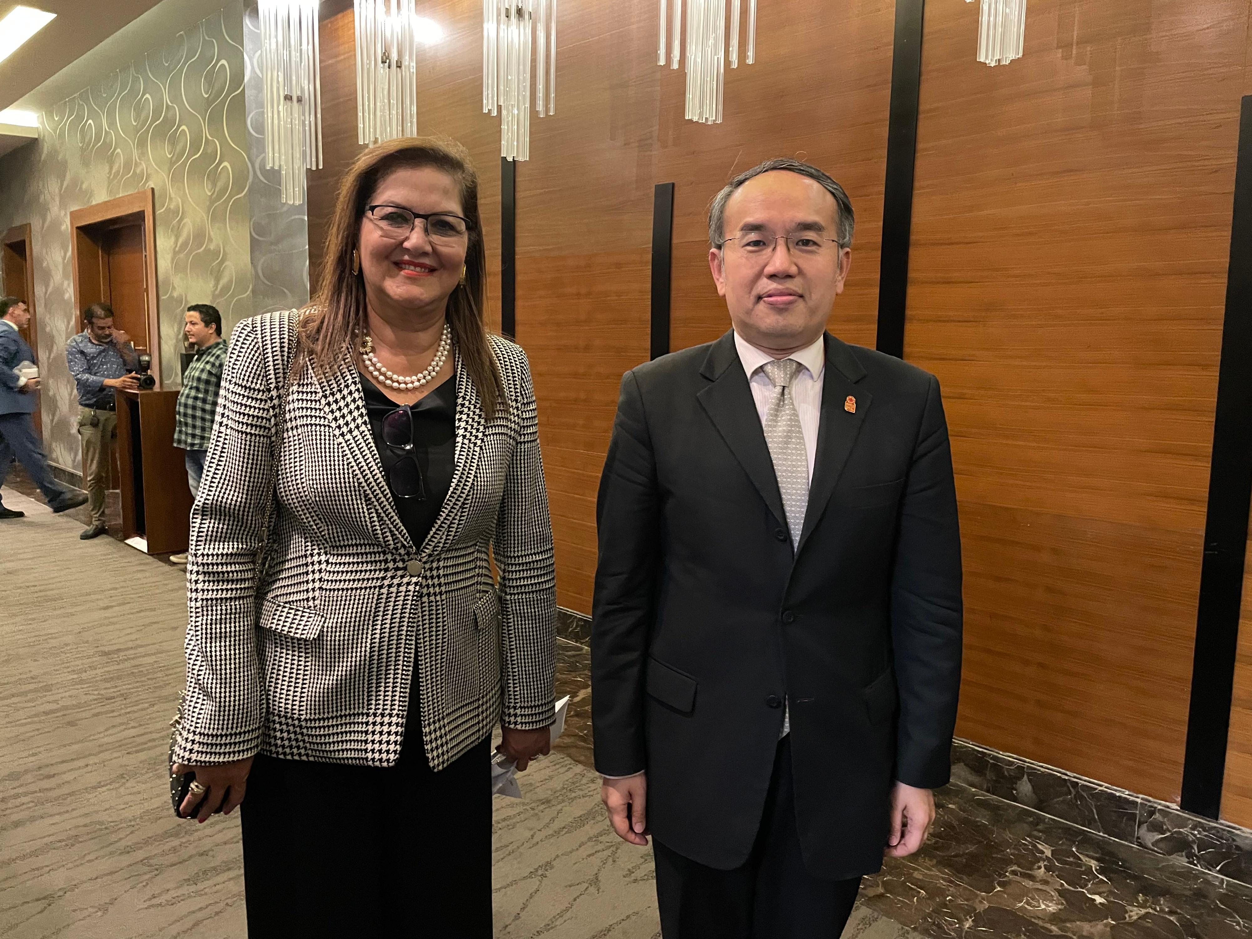 The Secretary for Financial Services and the Treasury, Mr Christopher Hui, continues his visit in Egypt. Photos shows Mr Hui (right) meeting with the Minister of Planning and Economic Development of Egypt, Dr Hala H Elsaid (left), in Sharm El Sheikh yesterday (September 24, Sharm El Sheikh time).