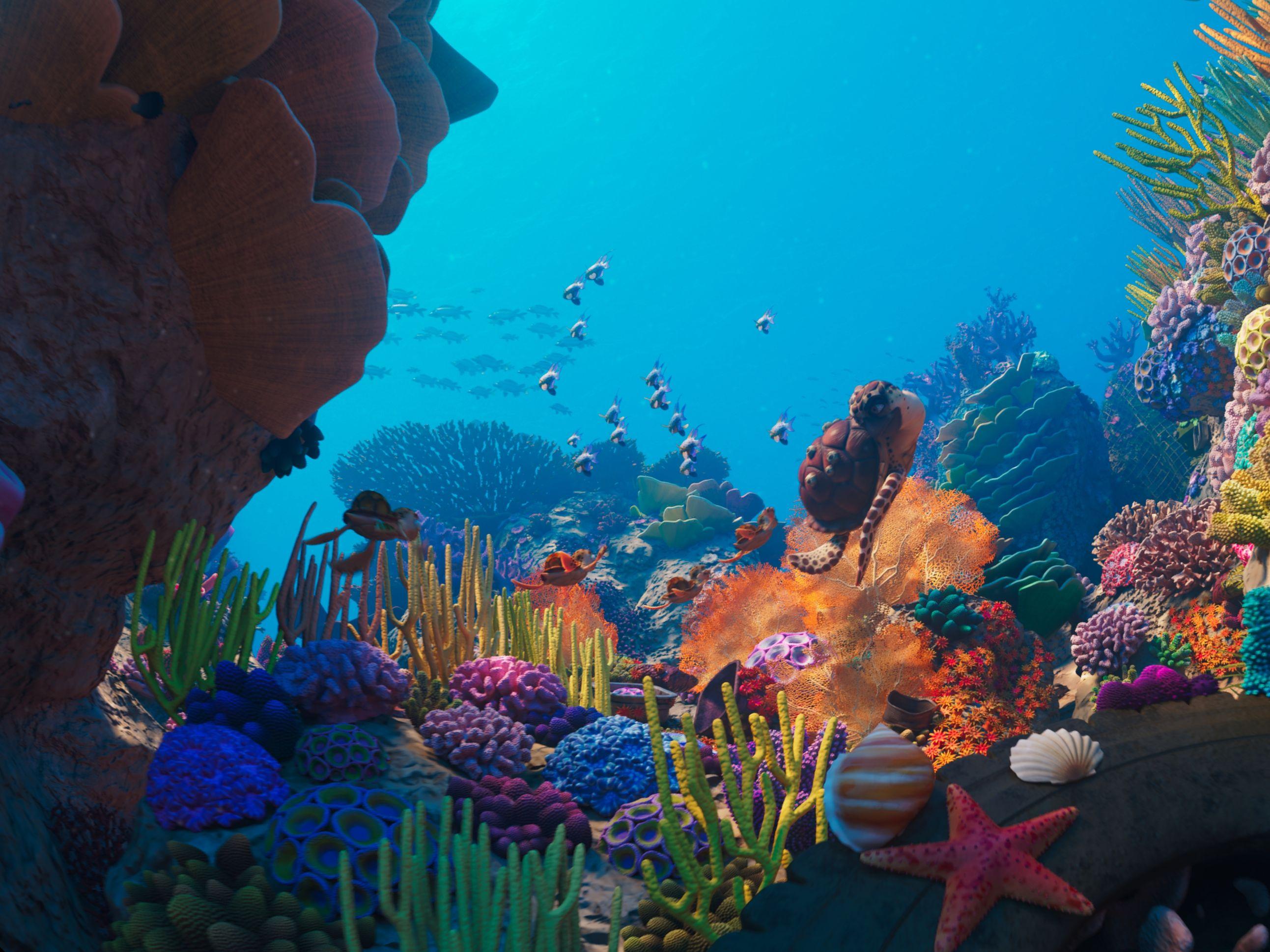 香港太空館天象廳十月一日（星期日）起放映全新立體球幕電影《珊瑚礁冒險隊3D》，帶領觀眾探索海底世界。圖示一個色彩斑斕的珊瑚礁，是眾多海洋生物的家園。（圖片來源：SOFTMACHINE）
