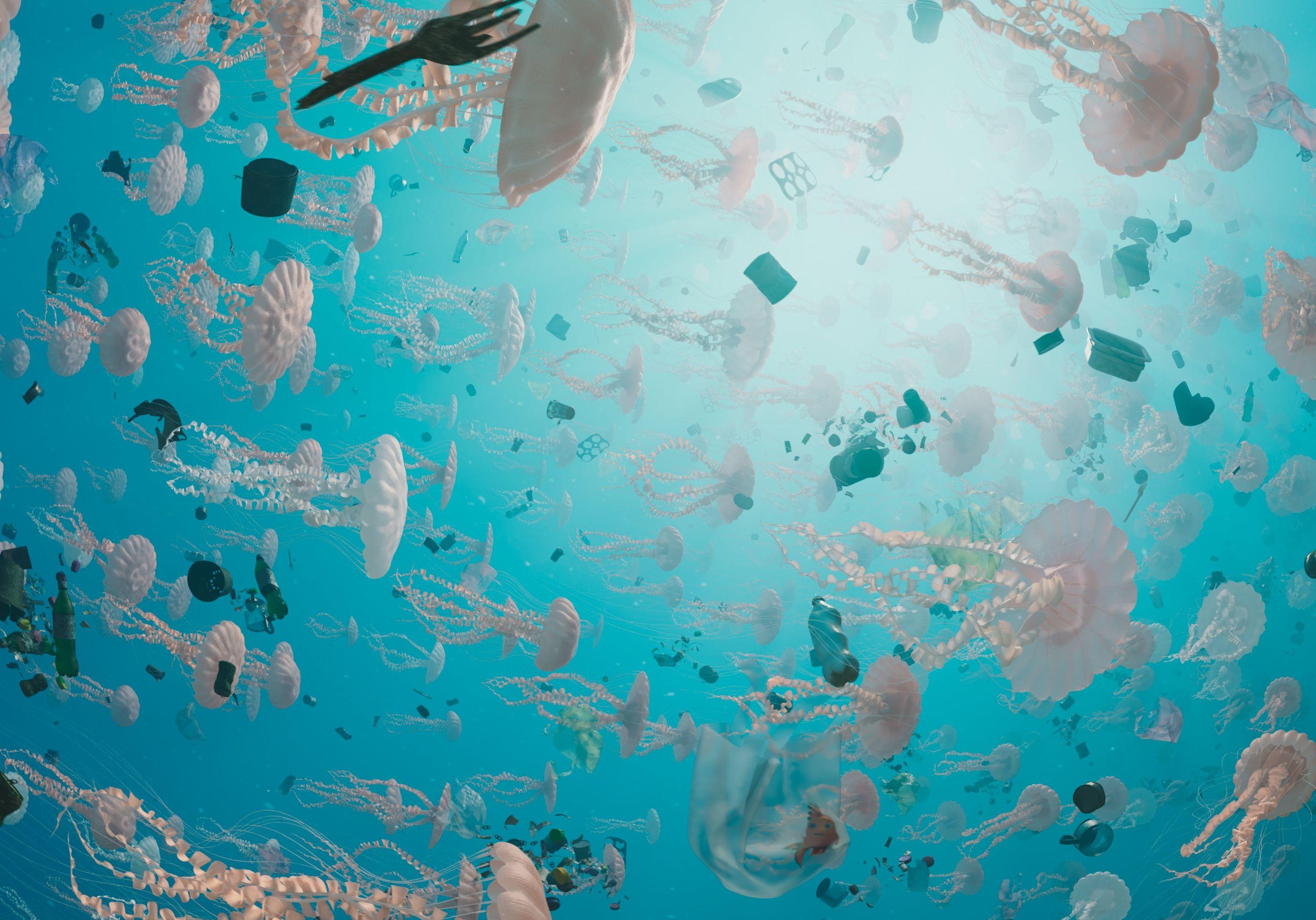 香港太空館天象廳十月一日（星期日）起放映全新立體球幕電影《珊瑚礁冒險隊3D》，帶領觀眾探索海底世界。圖示一個滿佈垃圾和污染的海域，破壞海洋生態。（圖片來源：SOFTMACHINE）