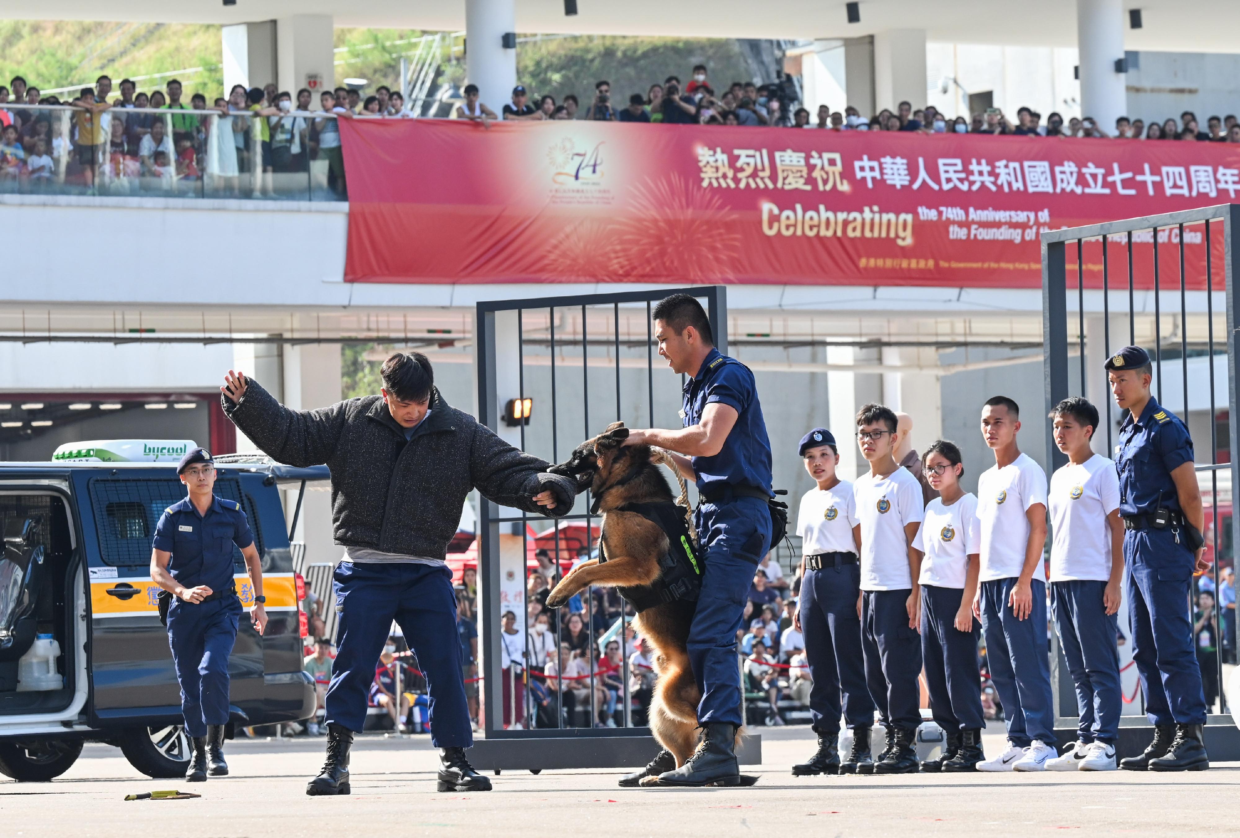 The Security Bureau led its disciplined services and auxiliary services, together with youth uniformed groups, to hold the Parade by Disciplined Services and Youth Groups cum Carnival for Celebrating the 74th Anniversary of the Founding of the People's Republic of China at the Fire and Ambulance Services Academy in Tseung Kwan O today (October 1) to celebrate the National Day with members of the public. Photo shows a joint work and rescue departmental drill by various disciplined services and auxiliary services.