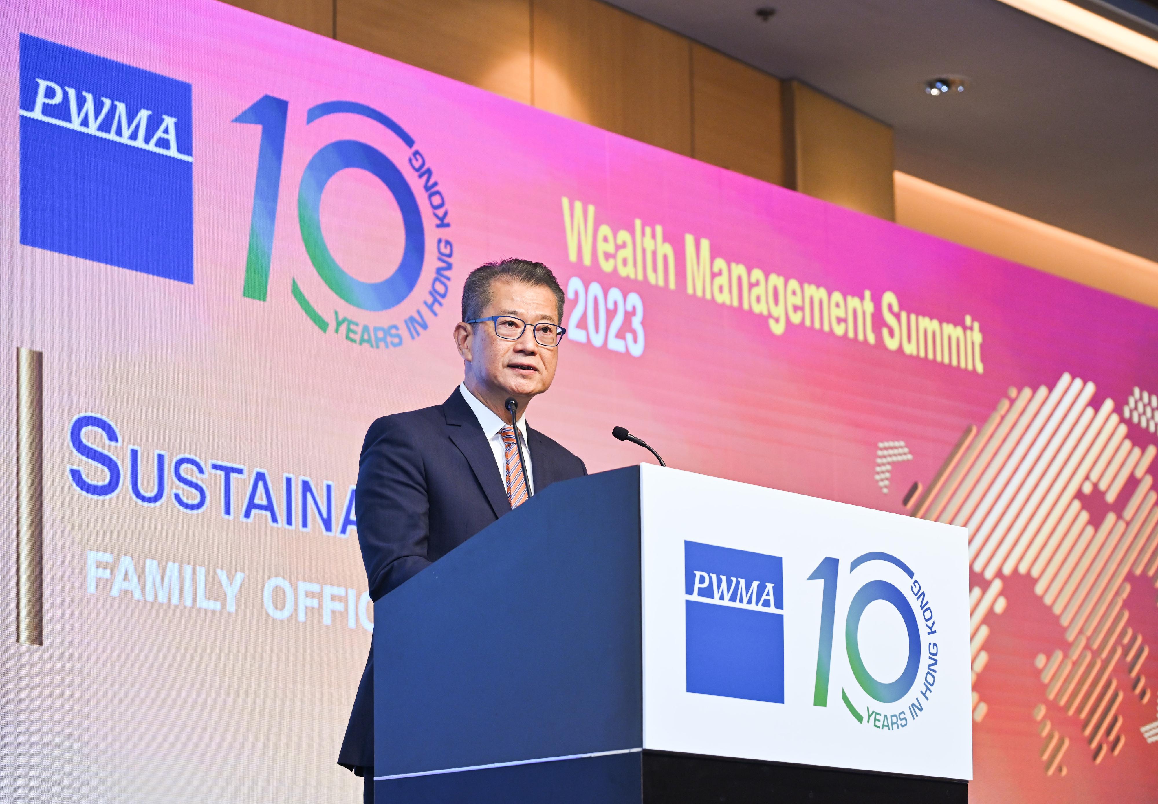 The Financial Secretary, Mr Paul Chan, speaks at the Private Wealth Management Association Wealth Management Summit 2023 today (October 6).