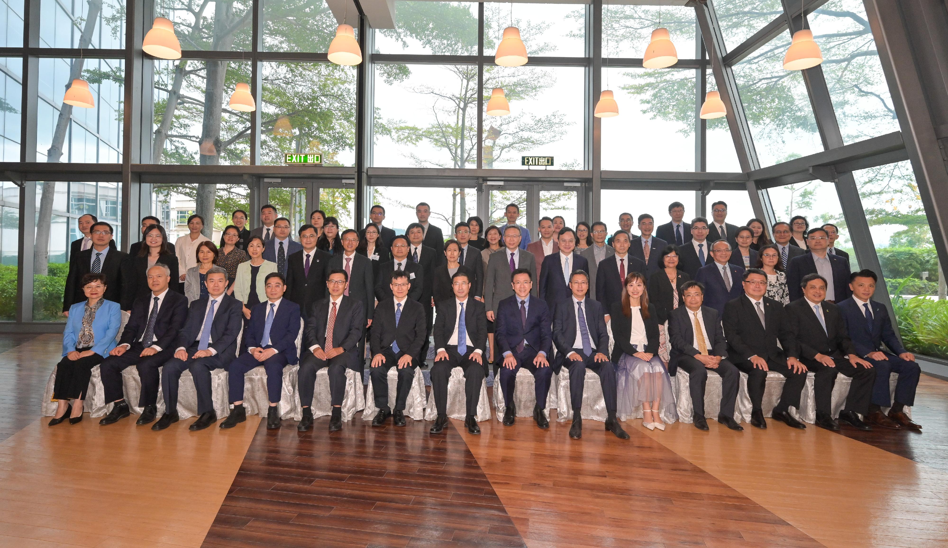 The Secretary for Innovation, Technology and Industry, Professor Sun Dong, (front row, seventh right), and Vice Minister of Science and Technology, Professor Zhang Guangjun (front row, seventh left) are pictured with representatives at the 17th meeting of the Mainland/Hong Kong Science and Technology Co-operation Committee today (October 10).