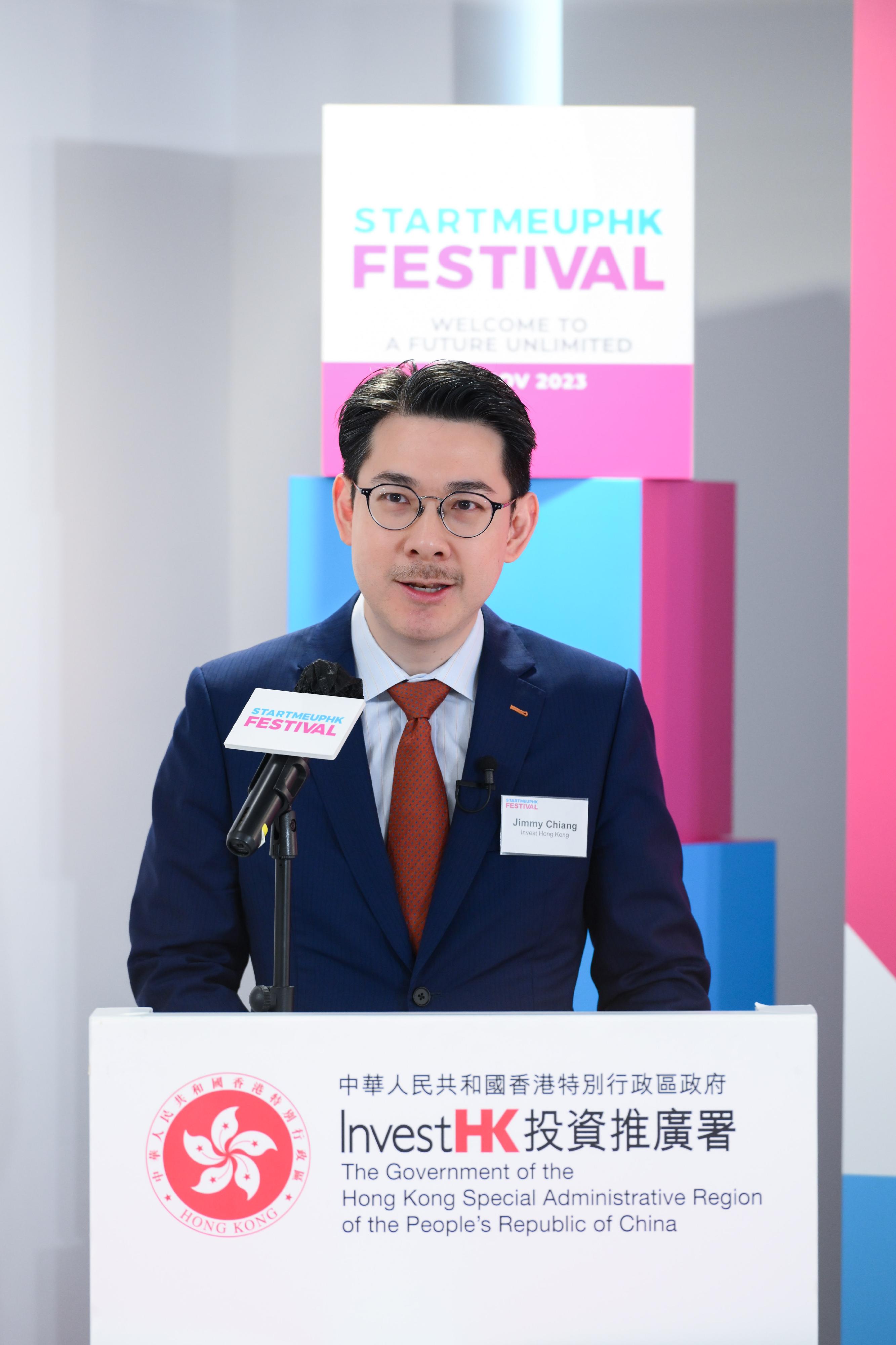 The Acting Director-General of Investment Promotion at Invest Hong Kong, Dr Jimmy Chiang, delivers welcome remarks at press conference of StartmeupHK Festival 2023.
