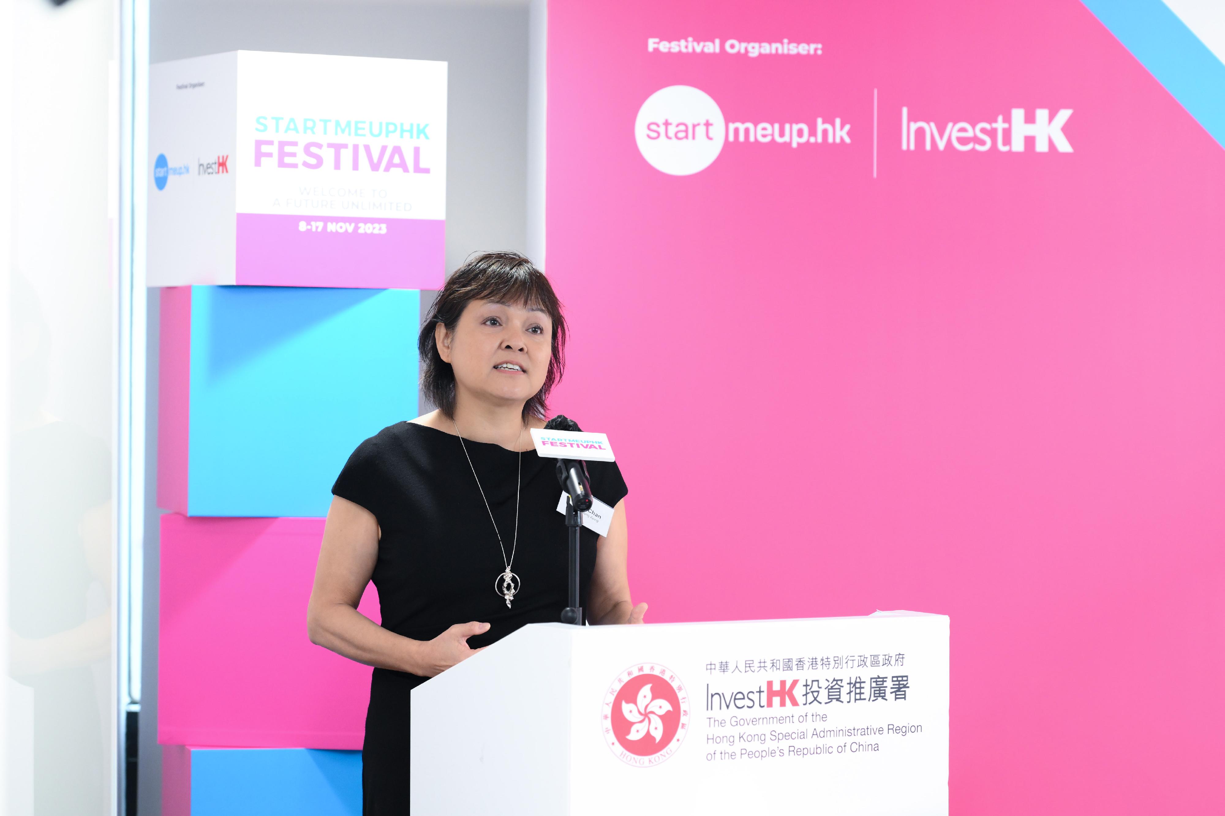 The Head of StartmeupHK at Invest Hong Kong, Ms Jayne Chan, delivers opening remarks at press conference of StartmeupHK Festival 2023.