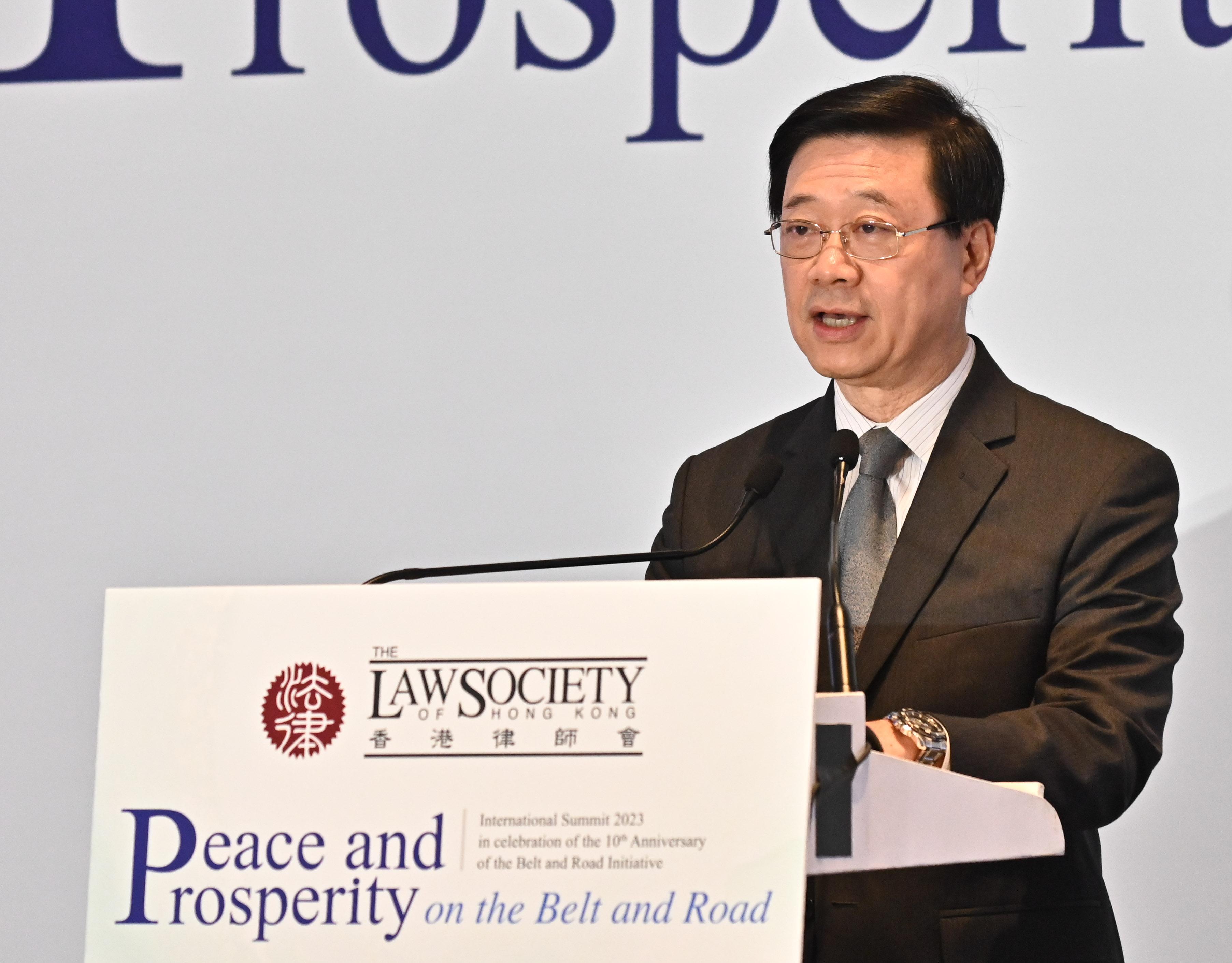 The Chief Executive, Mr John Lee, speaks at the International Summit 2023 in celebration of the 10th Anniversary of the Belt and Road Initiative organised by the Law Society of Hong Kong today (October 11).