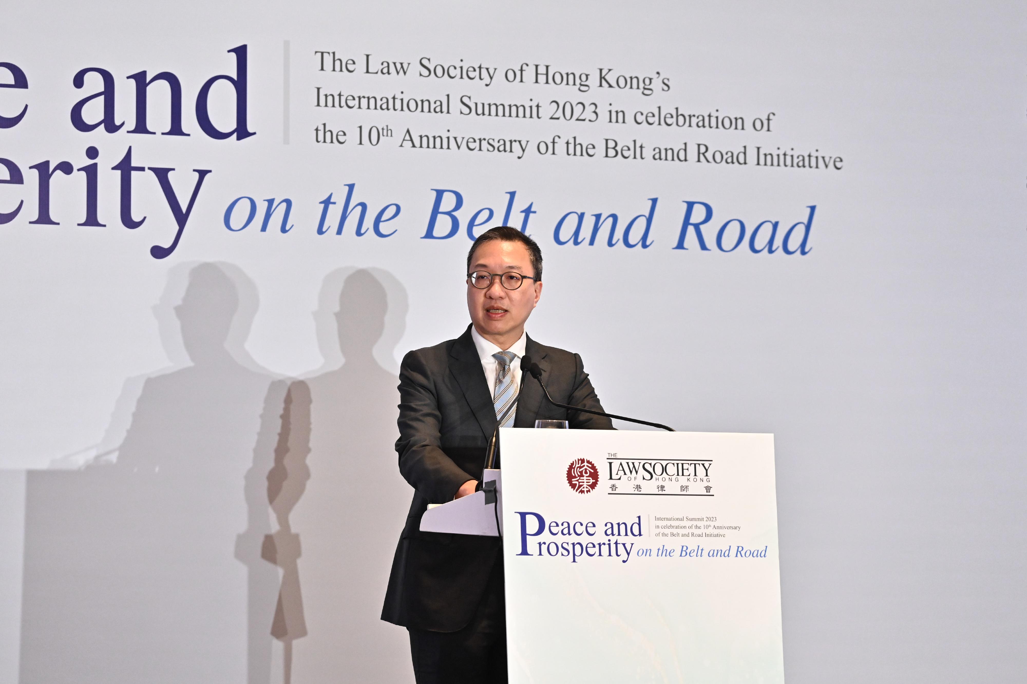 The Secretary for Justice, Mr Paul Lam, SC, speaks at the Law Society of Hong Kong's International Summit 2023 in celebration of the 10th Anniversary of the Belt and Road Initiative today (October 11).
