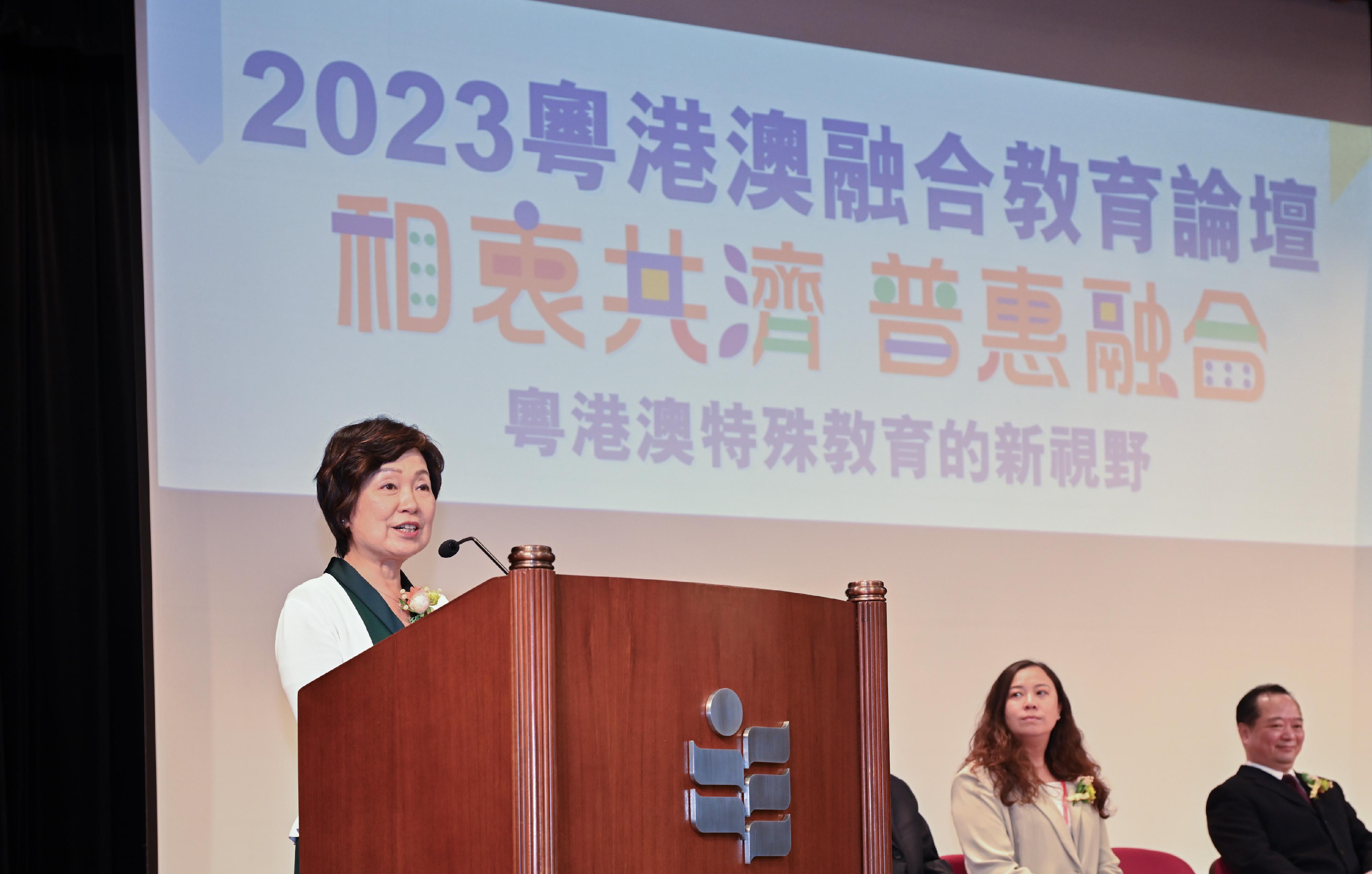 The Secretary for Education, Dr Choi Yuk-lin, speaks at the 2023 Guangdong-Hong Kong-Macau Inclusive Education Forum today (October 12).
