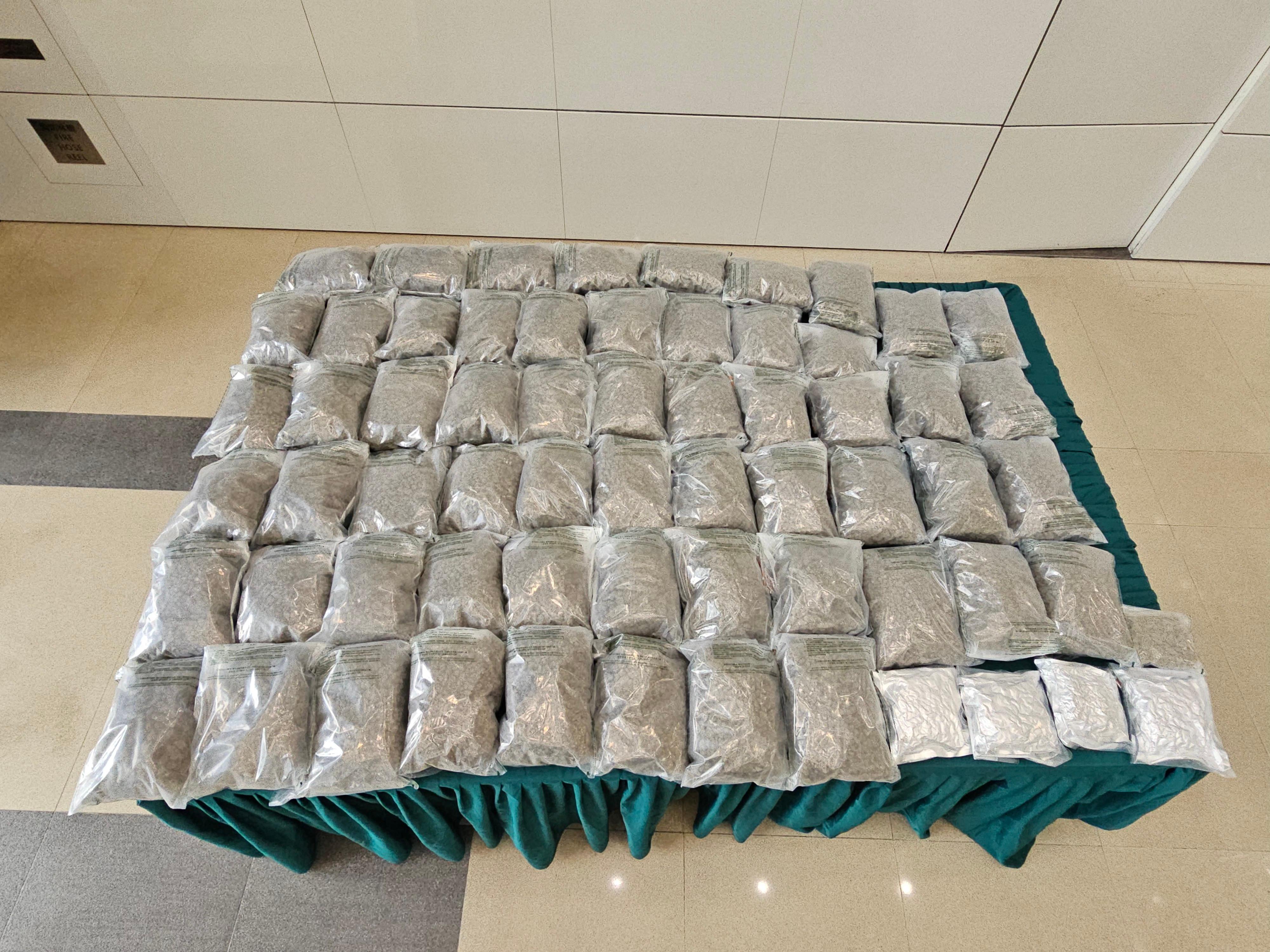 ​Hong Kong Customs conducted anti-narcotics operations on August 18 and October 5 and detected two dangerous drugs trafficking cases. About 86 kilograms of suspected cannabis buds and a small quantity of suspected cocaine and suspected ketamine, with a total estimated market value of about $20.4 million, were seized. Photo shows the suspected cannabis buds seized on October 5.