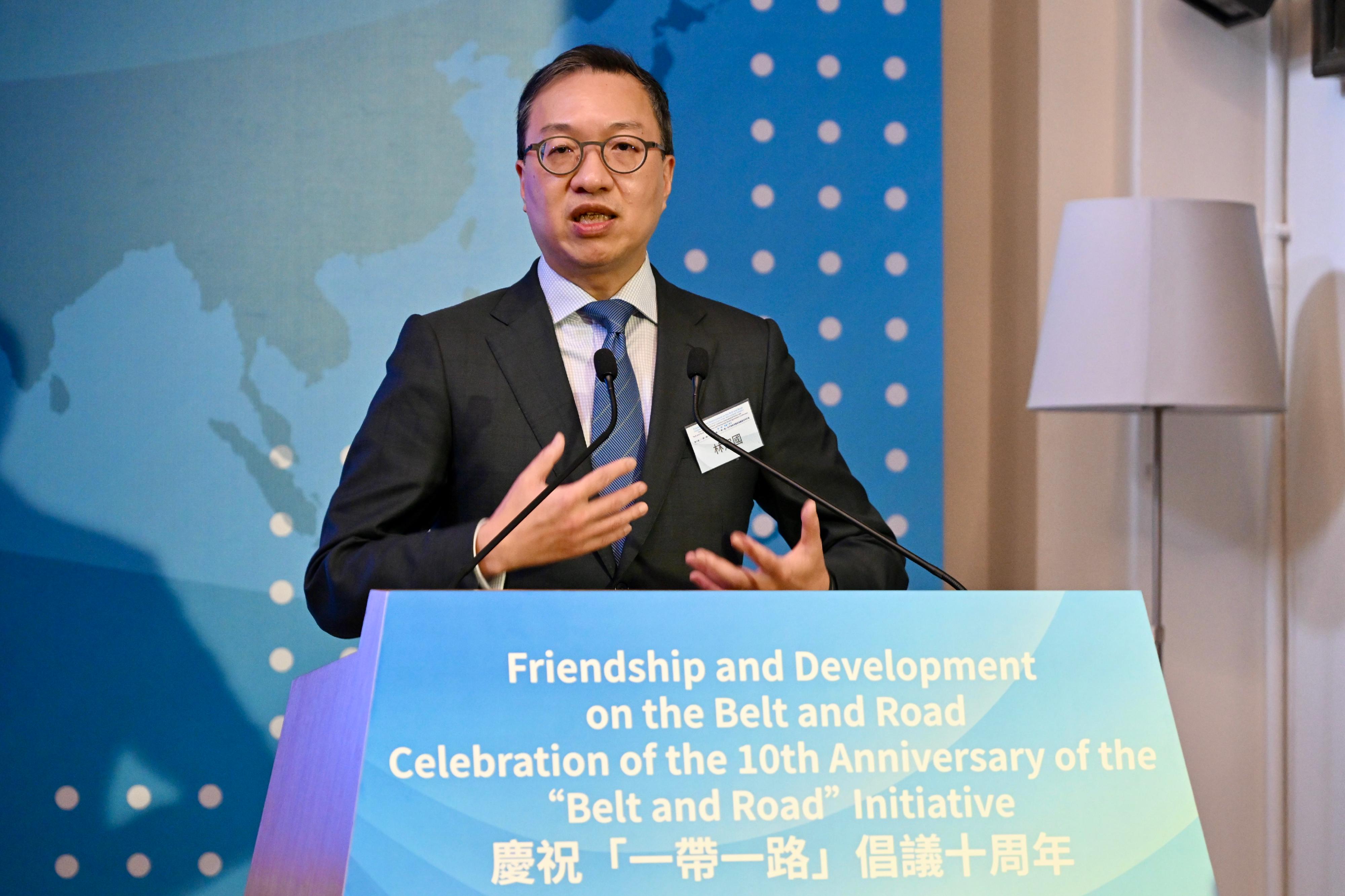 The Secretary for Justice, Mr Paul Lam, SC, speaks at the 6th "Belt and Road" Initiative International Forum and the "Belt and Road" Cooperation and Partnership Model Agreement Conference today (October 13).

