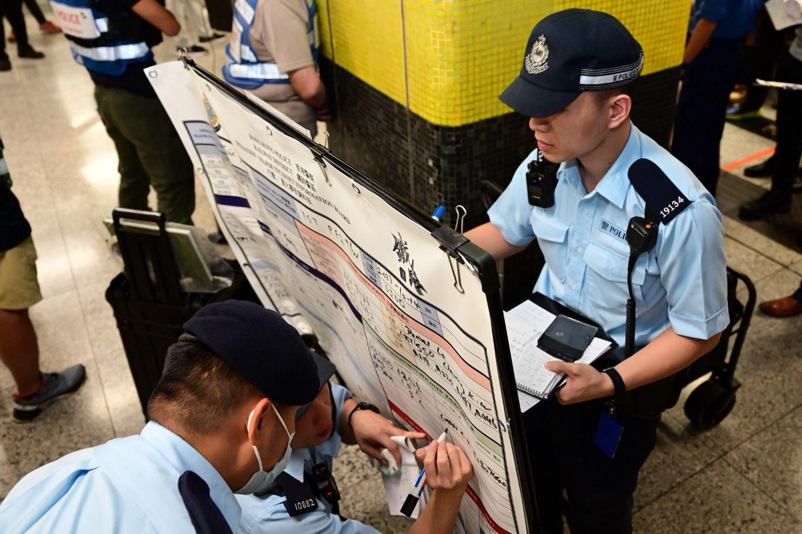 The Hong Kong Police Force (HKPF), together with the MTR Corporation (MTRC), the Fire Services Department (FSD), the Auxiliary Medical Service, St John Ambulance conducted an inter-departmental response exercise in the early hours today (October 14). Picture shows HKPF officers maintain close communication with MTRC staff and FSD officers at a platform to keep track on the latest situation of the incidents.