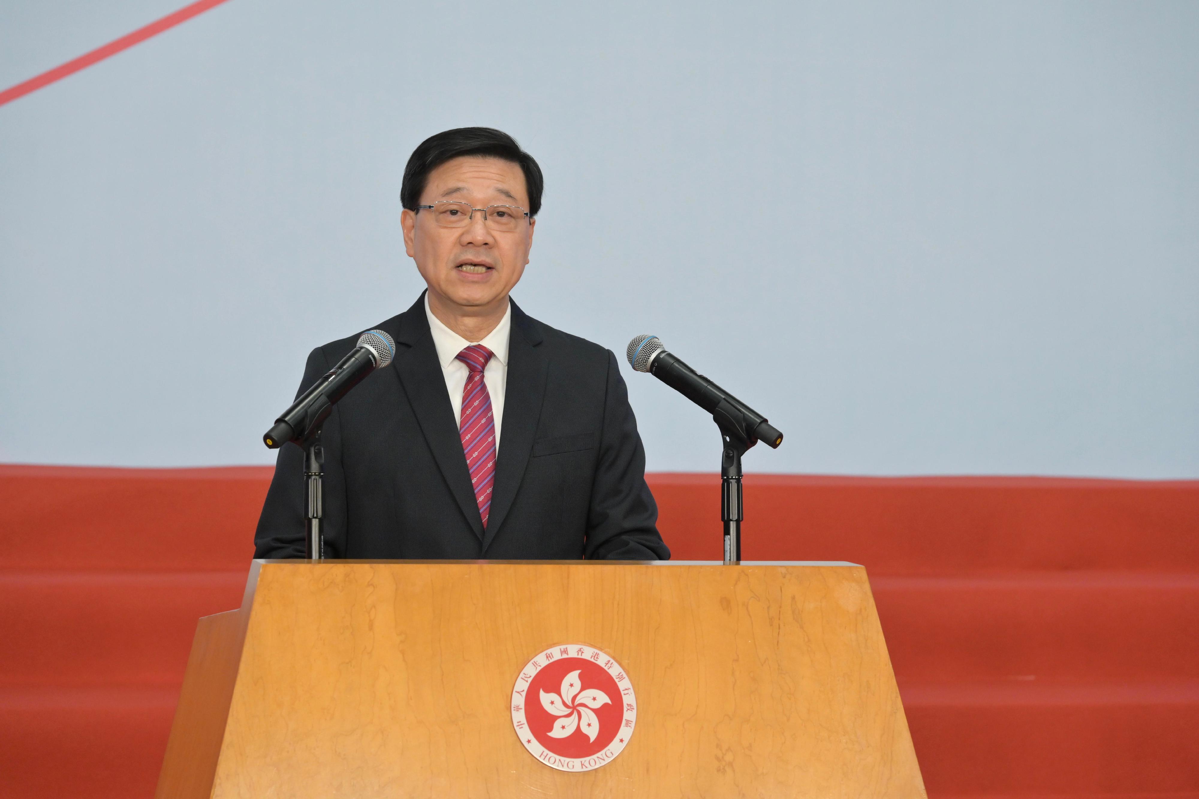 The Chief Executive, Mr John Lee, speaks at the welcome home reception for the Hong Kong, China Delegation to the 19th Asian Games Hangzhou today (October 14).