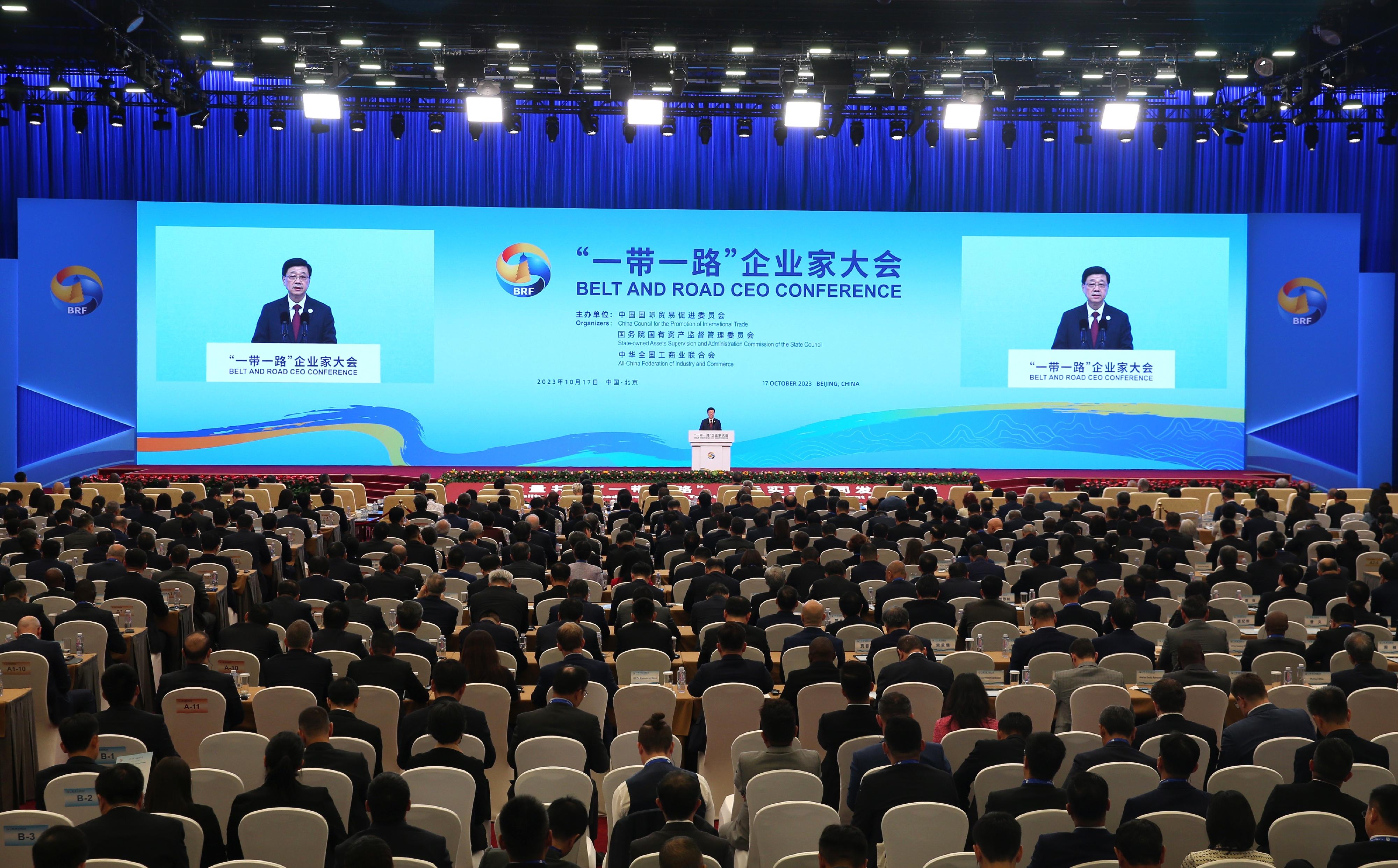 The Chief Executive, Mr John Lee, led a high-level Hong Kong Special Administrative Region delegation comprising senior government officials and members of various sectors to participate in the CEO conference of the third Belt and Road Forum for International Cooperation in Beijing today (October 17). Photo shows Mr Lee speaking at the Plenary Meeting of the conference.
