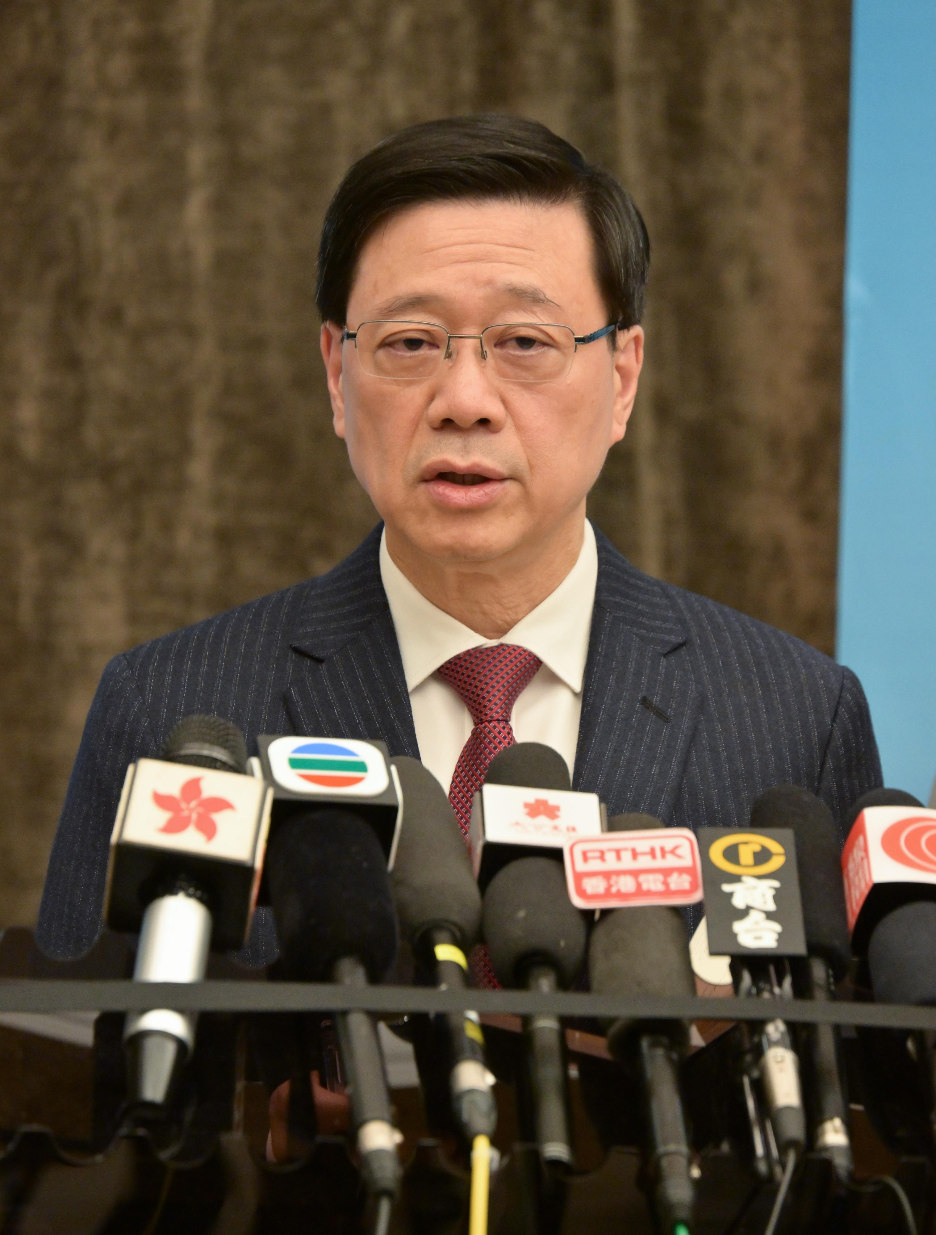 The Chief Executive, Mr John Lee, led a high-level Hong Kong Special Administrative Region delegation comprising senior government officials and members of various sectors to participate in the third Belt and Road Forum for International Cooperation. Photo shows Mr Lee meeting the media in Beijing today (October 19).