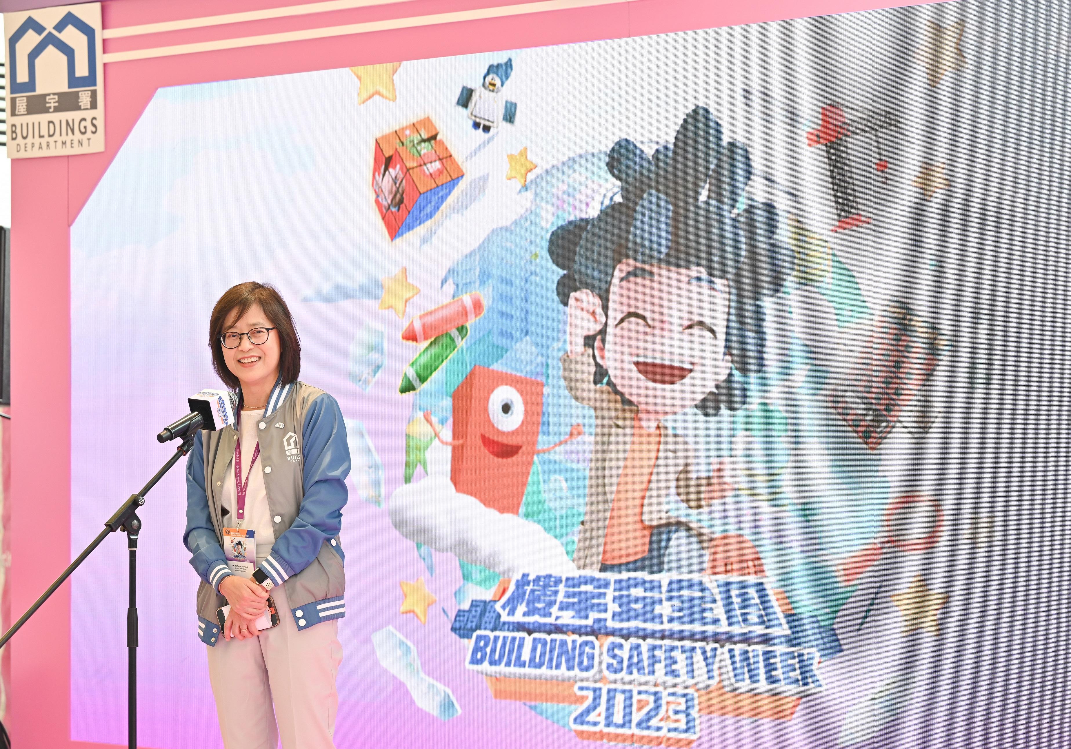The Buildings Department launched Building Safety Week 2023 today (October 21). Picture shows the Director of Buildings, Ms Clarice Yu, speaks at the opening ceremony of Building Safety Week 2023.