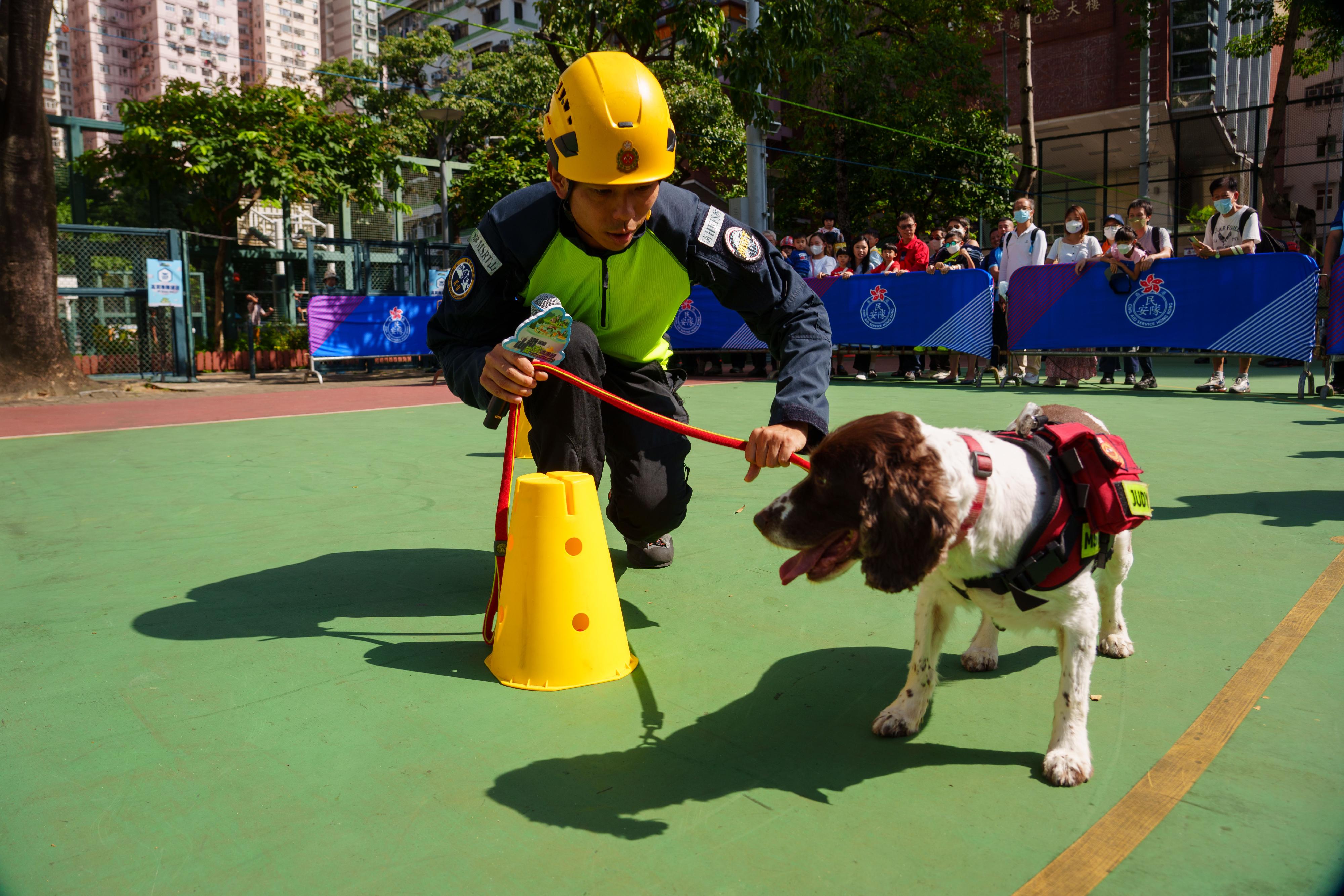 The Civil Aid Service (CAS) held the Mountain Safety Promotion Day with various government departments and mountaineering organisations today (October 22) at MacPherson Playground.  Photo shows the rescue demonstration of the Fire Services Department rescue dogs.