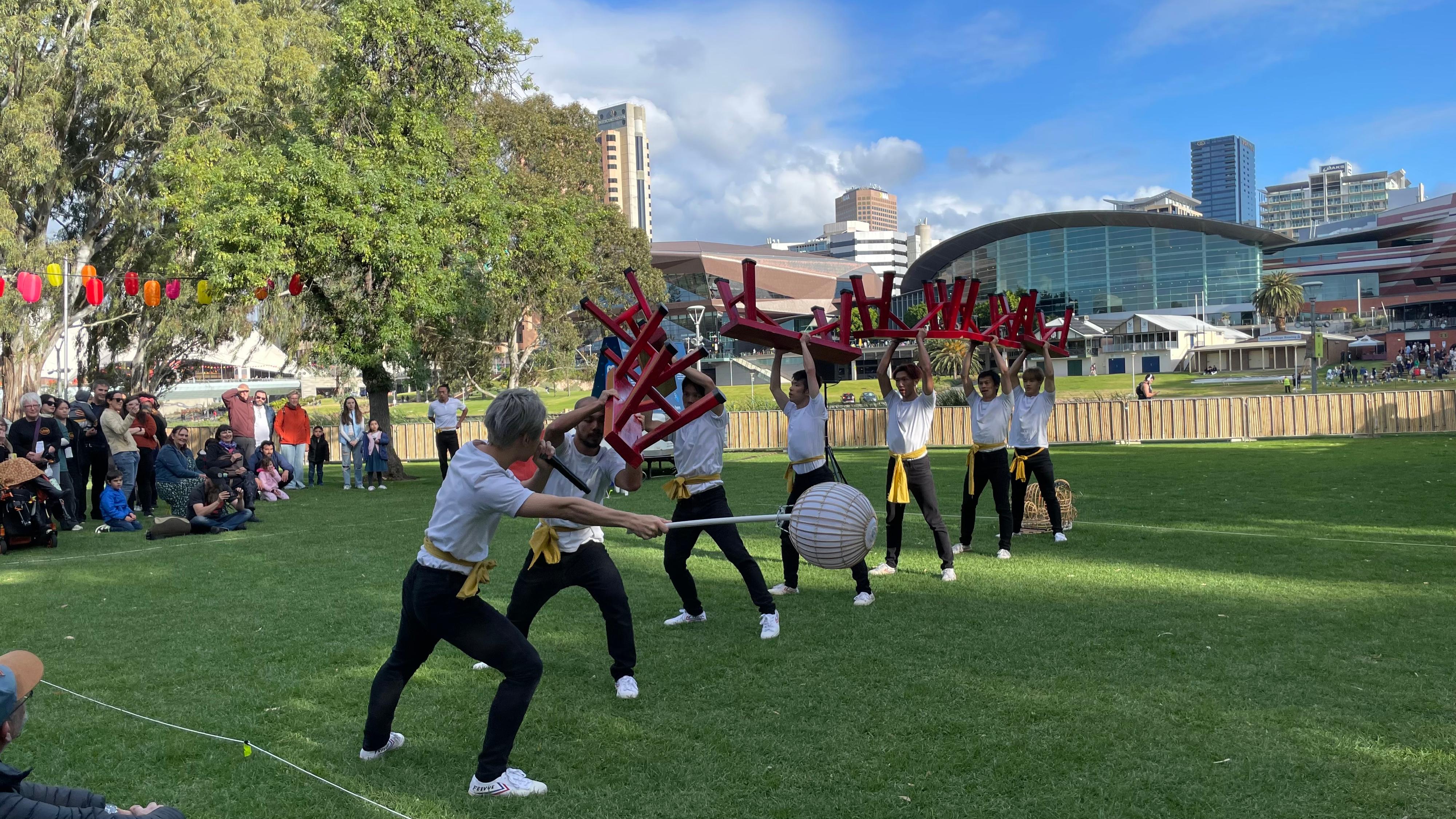 Hong Kong performing arts group TS Crew stages the "No Dragon No Lion" performance at the OzAsia Festival on October 21, which marries elements of a lion dance and Chinese opera with beatboxing, martial arts, tricking, and parkour.





