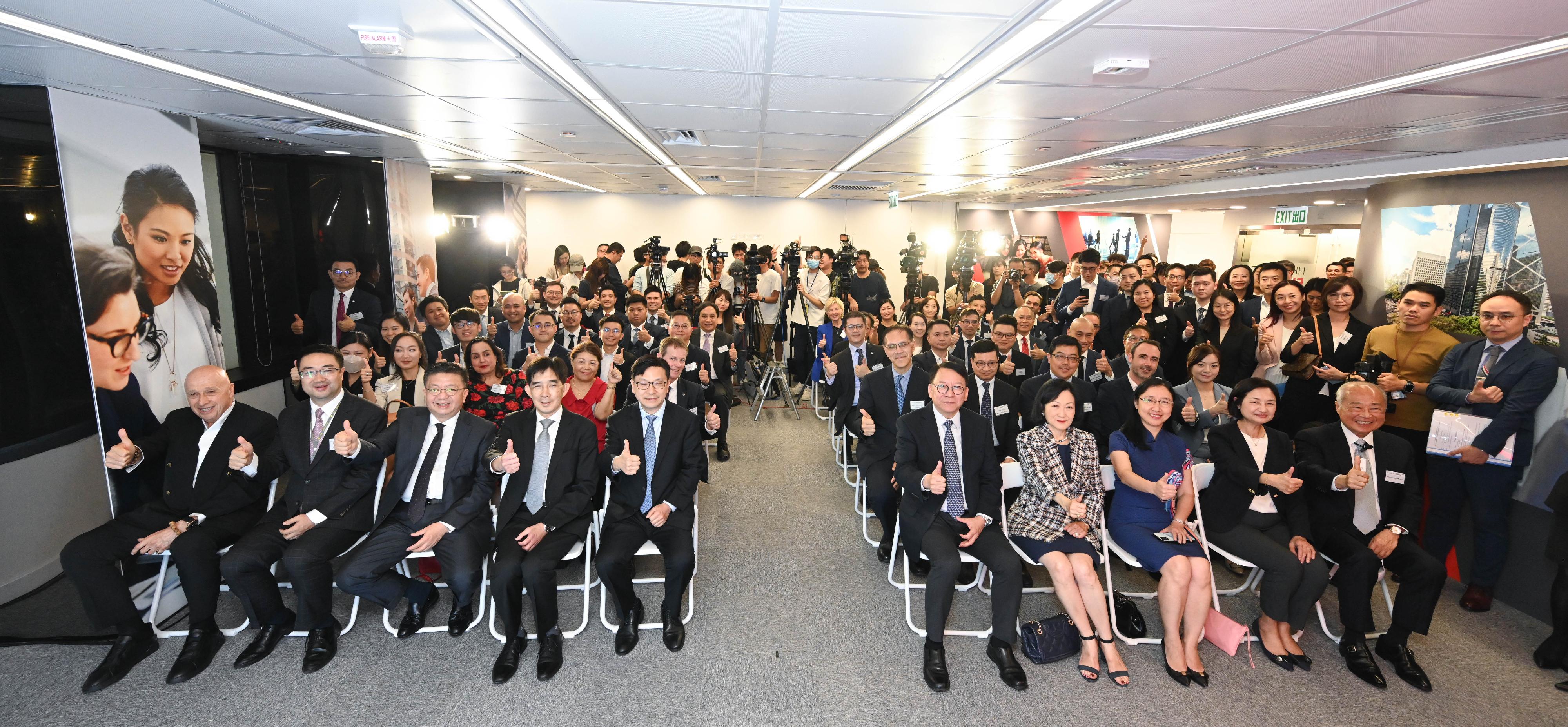 The Chief Secretary for Administration, Mr Chan Kwok-ki, today (October 30) officiated at the Hong Kong Talent Engage (HKTE) Office Opening Ceremony. Photo shows (first row, from third left) the Director of HKTE, Mr Anthony Lau; the Director-General of the Office for Attracting Strategic Enterprises, Mr Philip Yung; the Secretary for Labour and Welfare, Mr Chris Sun; Mr Chan; the Convenor of the Non-official Members of the Executive Council, Mrs Regina Ip; the Permanent Secretary for Labour and Welfare, Ms Alice Lau; the Deputy Secretary for Labour and Welfare (Manpower), Ms Angelina Kwan, with Legislative Council members and representatives of advisory bodies, the business sector, professional associations, non-governmental organisations and HKTE's designated partners attending the opening ceremony.