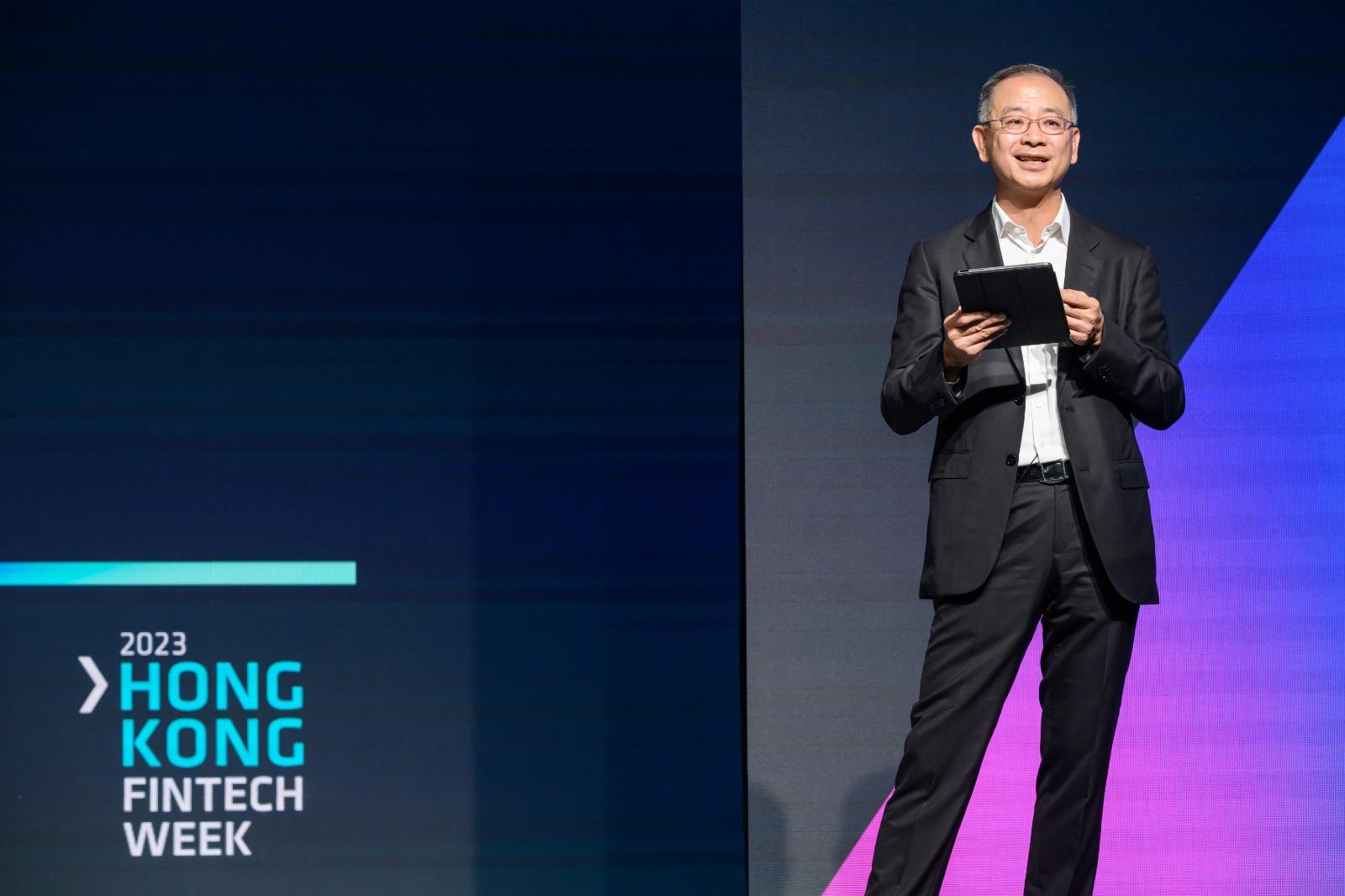The Hong Kong Monetary Authority (HKMA) today (November 2) co-organised Hong Kong FinTech Week 2023 with the InvestHK. Photo shows the Chief Executive of the HKMA, Mr Eddie Yue, delivering the opening keynote at the Hong Kong FinTech Week 2023.