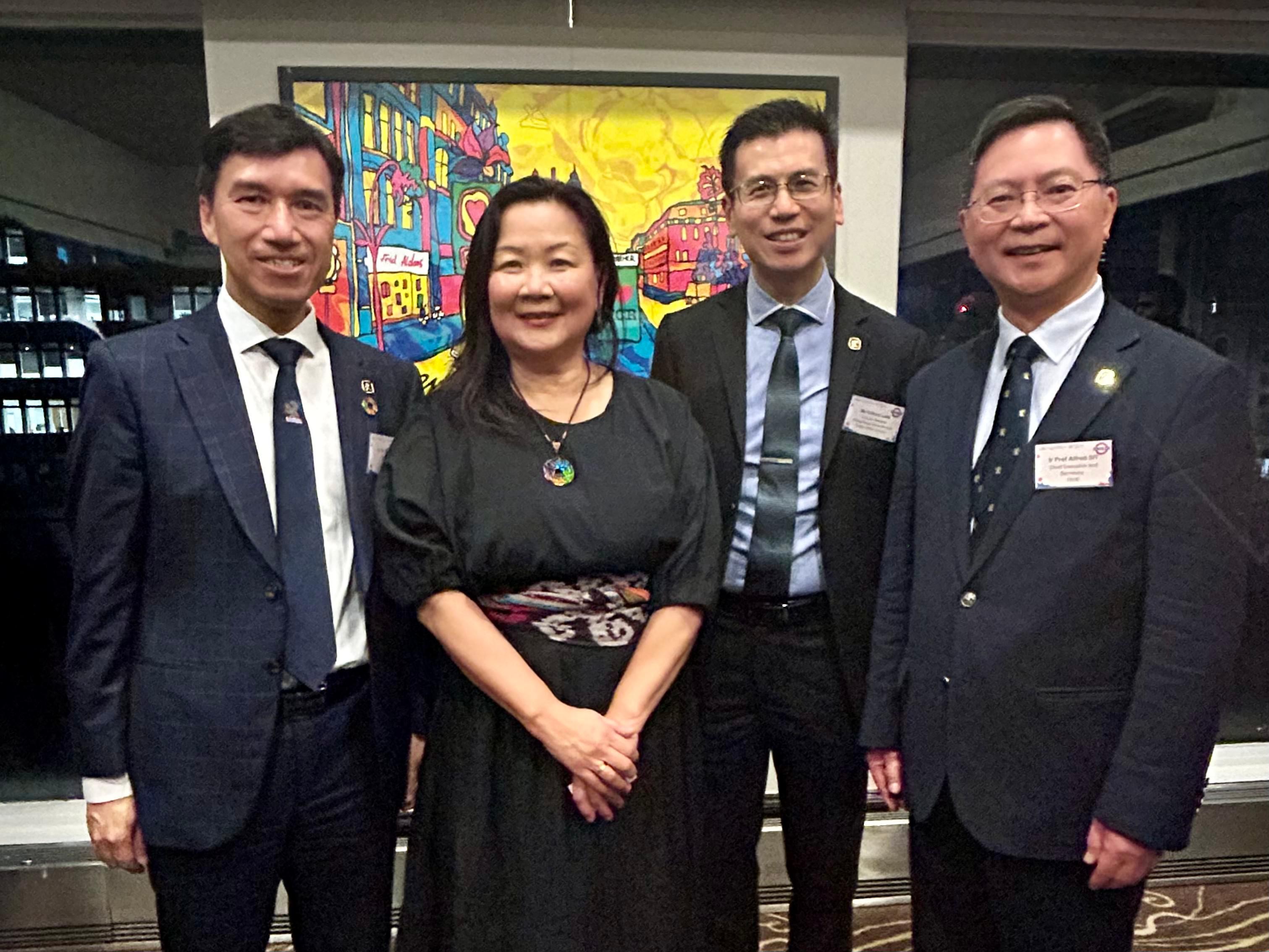 The Hong Kong Economic and Trade Office, London (London ETO) supported a reception organised by the Hong Kong Institution of Engineers (HKIE) in Manchester on November 1 (London Time).  Photo shows (from left) HKIE President, Dr Barry Lee; the Head of Asia Pacific and Smart Cities – Northern Powerhouse, United Kingdom Department for Business and Trade, Ms Philomena Chen; the Director-General of the London ETO, Mr Gilford Law; and HKIE Chief Executive and Secretary, Professor Alfred Sit, attending the reception.