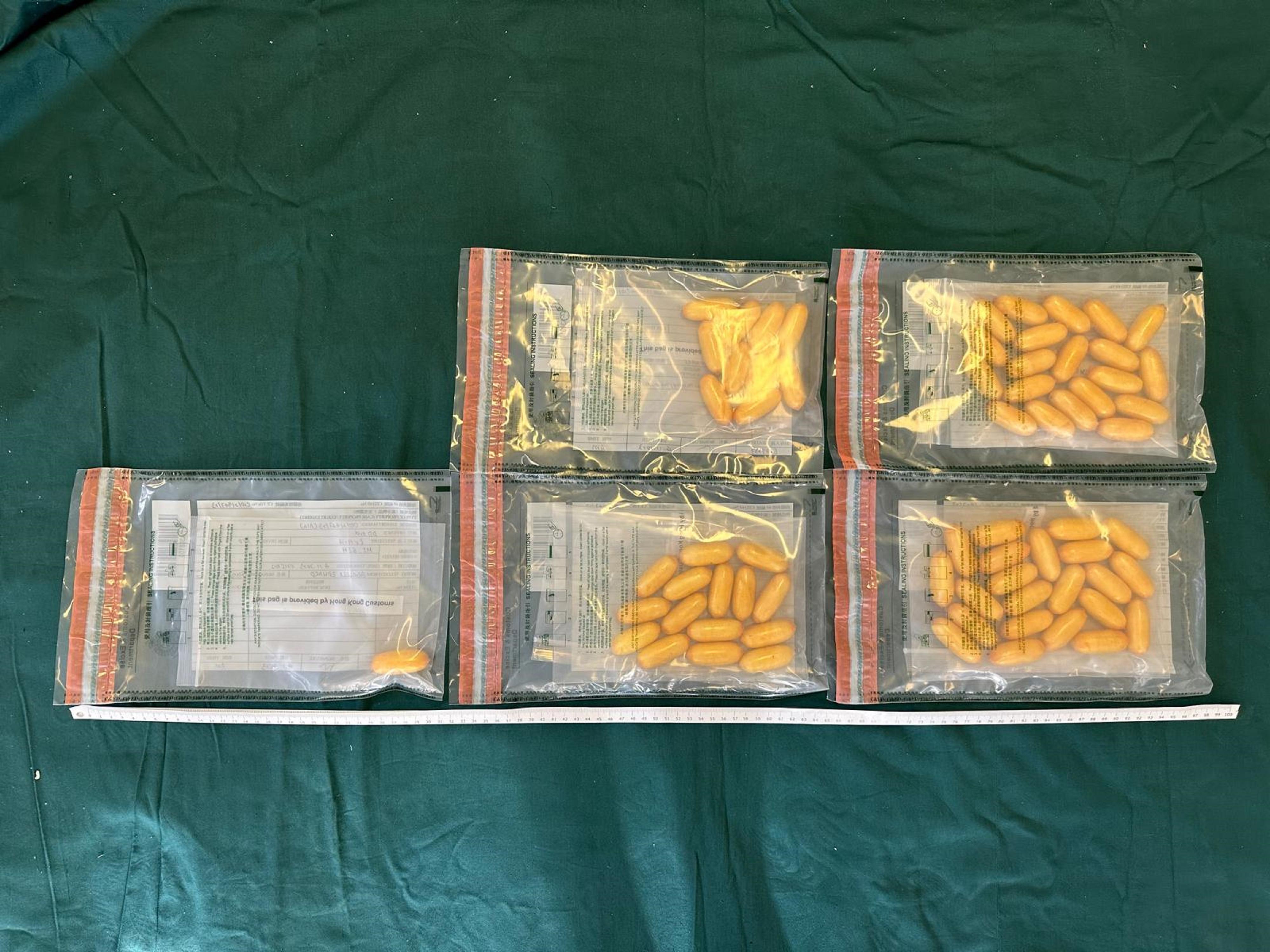 Hong Kong Customs detected two dangerous drugs internal concealment cases involving two passengers at Hong Kong International Airport and seized about 2.2 kilograms of suspected cocaine with an estimated market value of about $2.7 million over the past two days (November 3 and 4). Photo shows the suspected cocaine seized in the first case. 