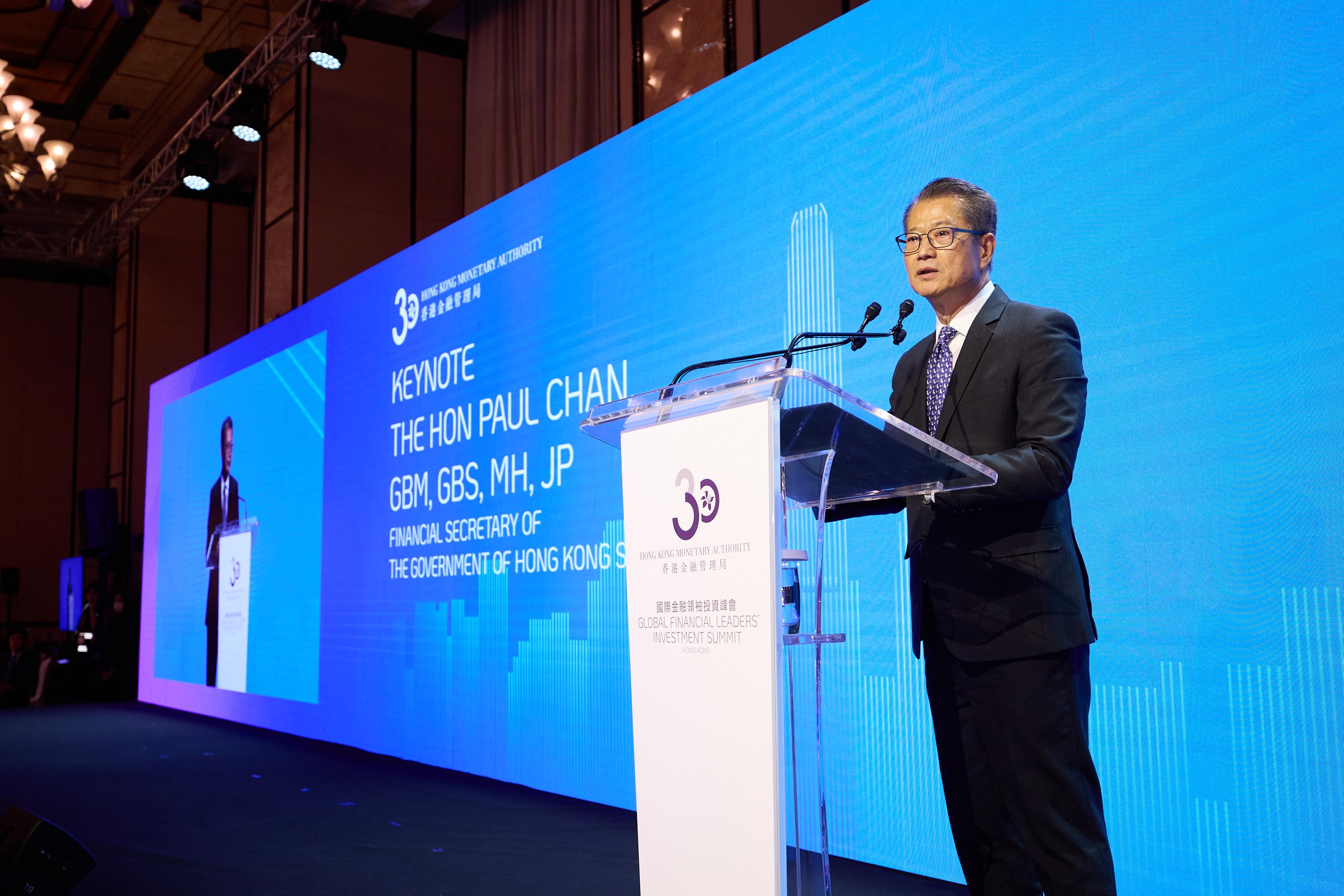 The Financial Secretary of the Government of Hong Kong SAR, Mr Paul Chan, delivers his keynote at the Global Financial Leaders' Investment Summit today (November 7). 