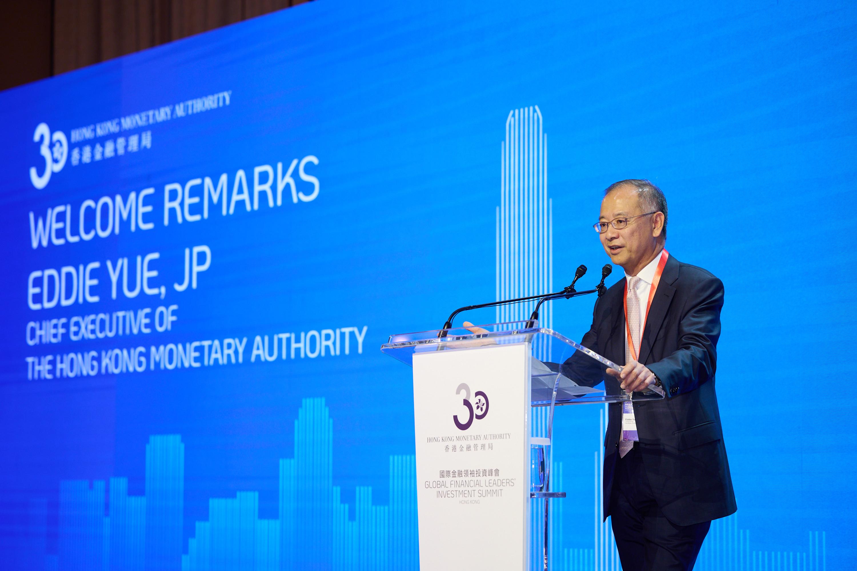 The Chief Executive of the Hong Kong Monetary Authority, Mr Eddie Yue, delivers welcome remarks at the Global Financial Leaders' Investment Summit today (November 7). 
