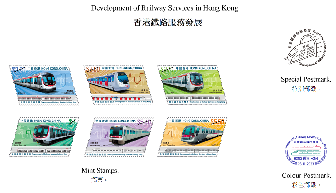 香港邮政十一月二十三日（星期四）发行以「香港铁路服务发展」为题的特别邮票及相关集邮品。图示邮票、特别邮戳和彩色邮戳。
