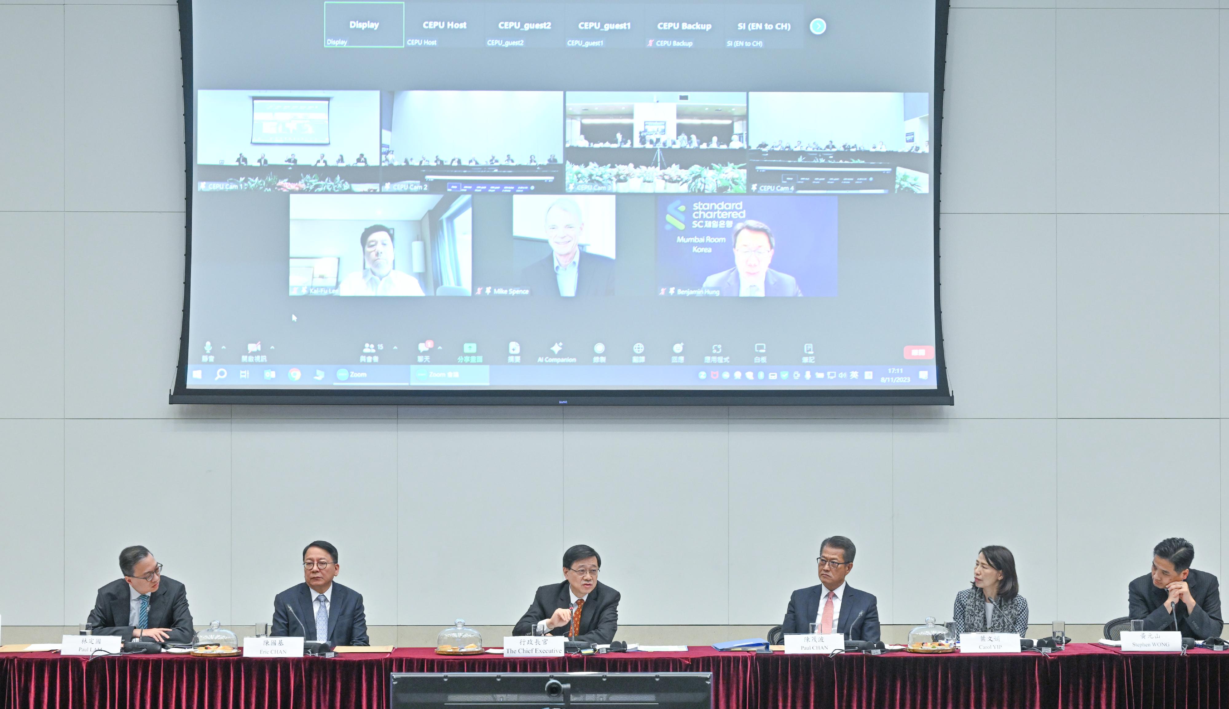 The Chief Executive, Mr John Lee (third left), chairs the second meeting of the Chief Executive's Council of Advisers at the Central Government Offices today (November 8). The Chief Secretary for Administration, Mr Chan Kwok-ki (second left); the Financial Secretary, Mr Paul Chan (third right); the Secretary for Justice, Mr Paul Lam (first left), SC; the Director of Chief Executive's Office, Ms Carol Yip (second right); and the Head of Chief Executive's Policy Unit, Dr Stephen Wong (first right), among others, were in attendance.