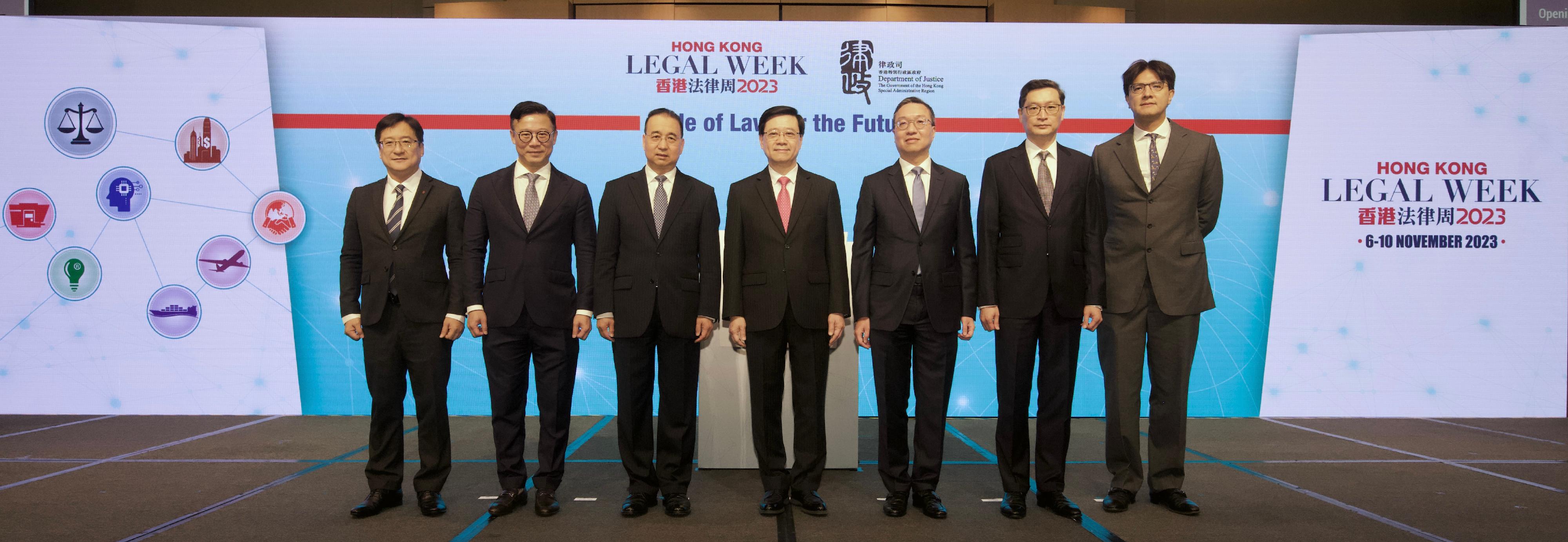 The Chief Executive, Mr John Lee, attended the Hong Kong Legal Week 2023: Rule of Law for the Future this morning (November 10). Photo shows (from left) the President of the Law Society of Hong Kong, Mr Chan Chak-ming; the Deputy Secretary for Justice, Mr Cheung Kwok-kwan; Deputy Director of the Liaison Office of the Central People's Government in the Hong Kong Special Administrative Region Mr Liu Guangyuan; Mr Lee; the Secretary for Justice, Mr Paul Lam, SC; the Chief Judge of the High Court, Mr Justice Jeremy Poon Shiu-chor; and Vice-Chairman of the Hong Kong Bar Association Mr José-Antonio Maurellet, SC at the event.