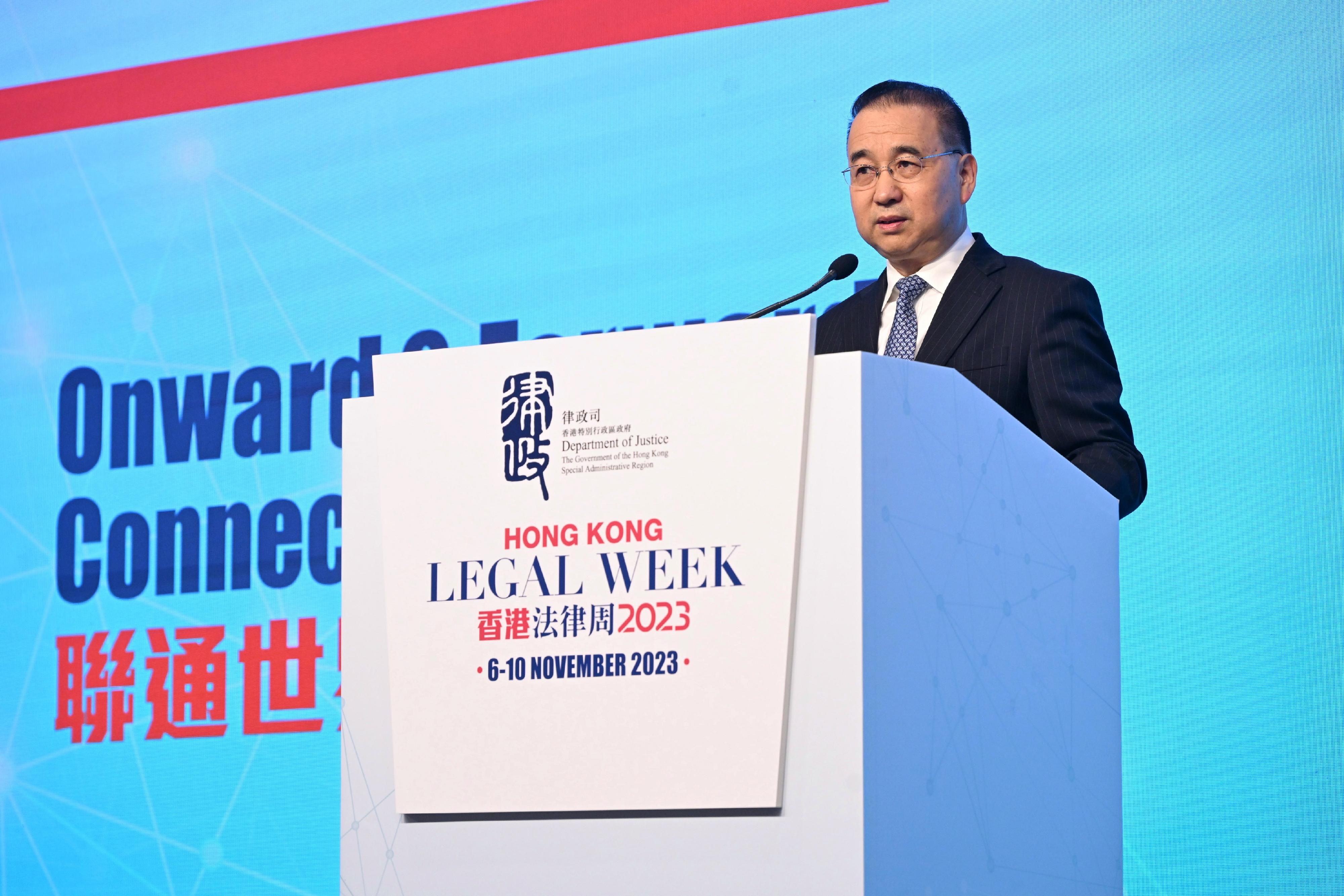 Deputy Director of the Liaison Office of the Central People's Government in the Hong Kong Special Administrative Region Mr Liu Guangyuan speaks at Hong Kong Legal Week 2023: Rule of Law for the Future this morning (November 10).

