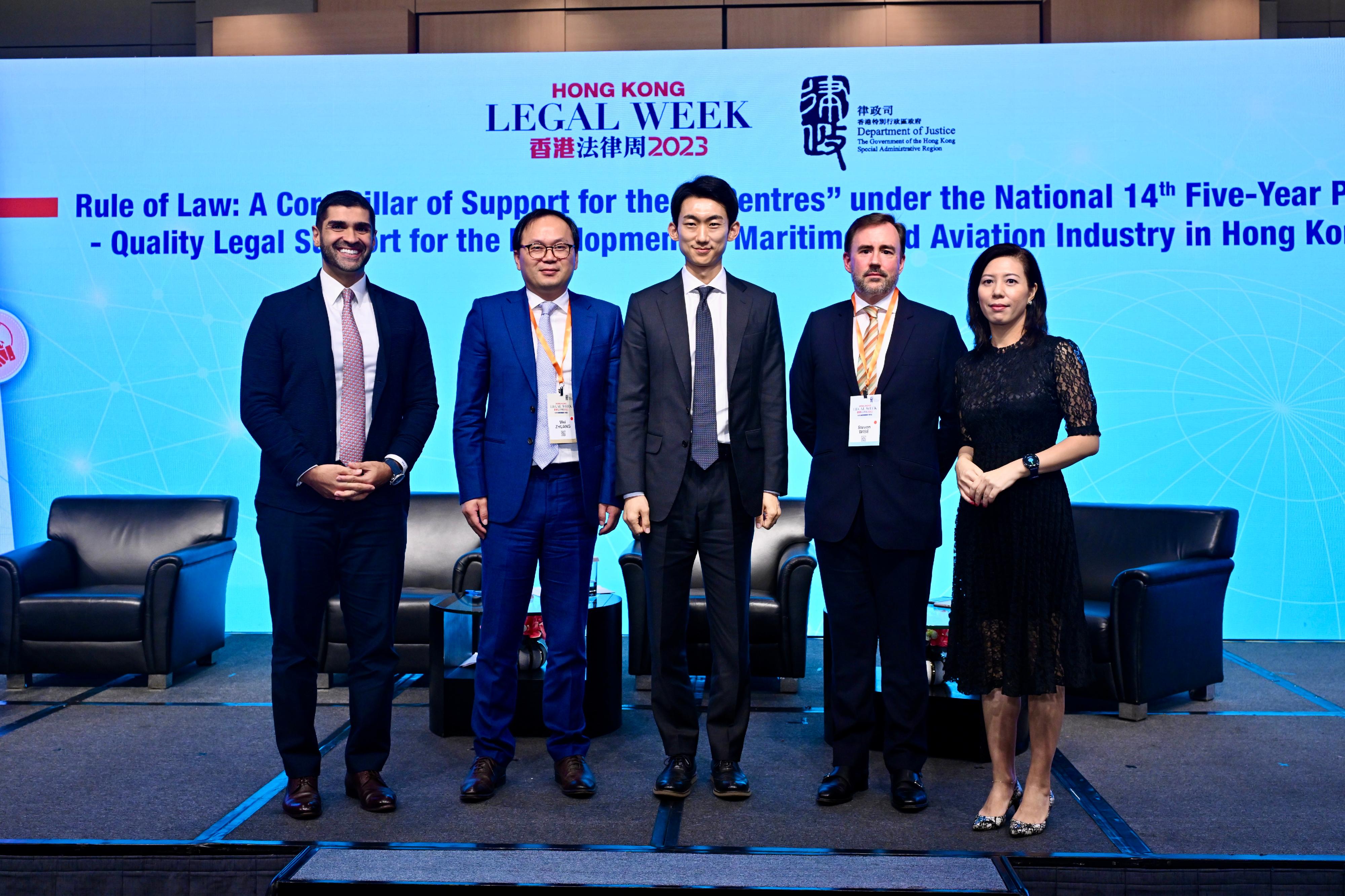 Hong Kong Legal Week 2023, an annual flagship event of the legal sector and the Department of Justice, successfully concluded today (November 10). Photo shows (from right) the President of the Hong Kong Logistics Association, Ms Elsa Yuen; Partner, Lau, Horton and Wise LLP Mr Steven Wise; Associate Professor, Assistant Dean (Undergraduate Studies) and Programme Director (LLB) of the Faculty of Law of the Chinese University of Hong Kong Professor Lee Jae Woon; Regional Manager, Asia of BIMCO Mr Wei Zhuang; and Global Head of Aviation and Marine, Senior Partner, Withersworldwide and Chairperson of The Hague Court of Arbitration for Aviation Mr Paul Jebely, at the panel discussion: Rule of Law: A Core Pillar of Support for the "8 Centres" under the National 14th Five-Year Plan - Quality Legal Support for the Development of Maritime and Aviation Industry in Hong Kong at the Rule of Law for the Future.

