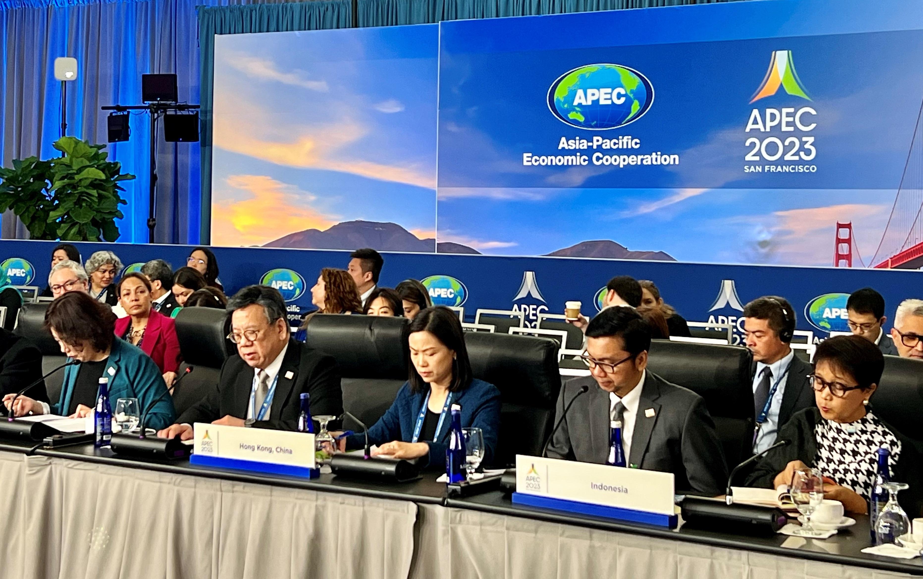 The Secretary for Commerce and Economic Development, Mr Algernon Yau, attended the 34th Asia-Pacific Economic Cooperation Ministerial Meeting in San Francisco, the United States, today (November 14, San Francisco time). Photo shows Mr Yau (second left) speaking at the plenary session themed "enabling an innovative environment for a sustainable future and affirming an equitable and inclusive future for all". The Director-General of Trade and Industry, Ms Maggie Wong (third left), also attended the plenary session.