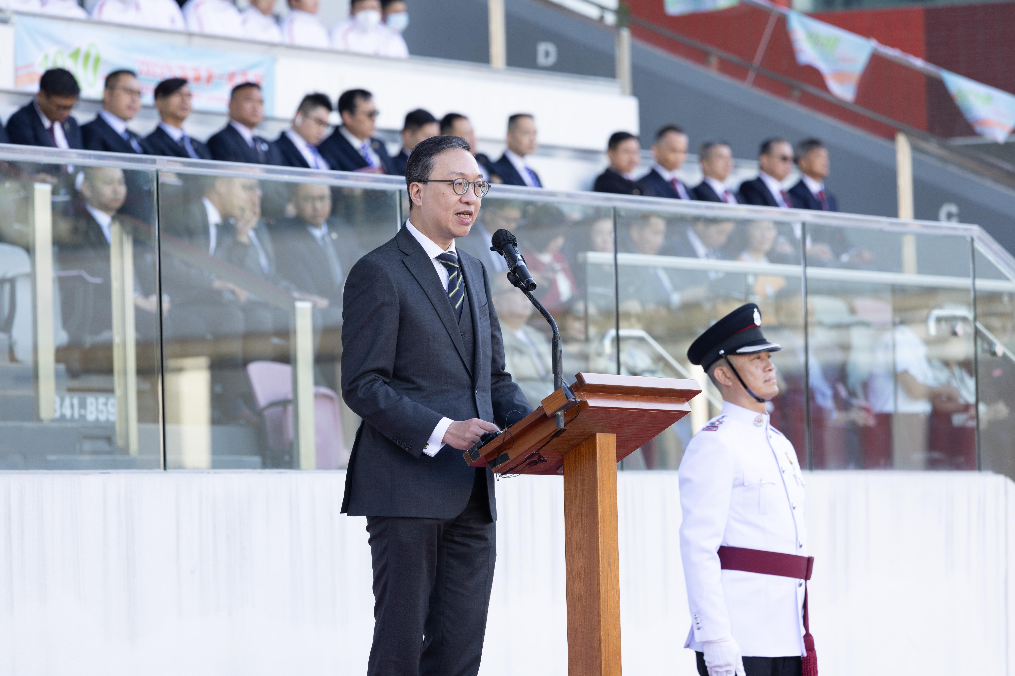 The Secretary for Justice, Mr Paul Lam, SC, reviewed the Fire Services passing-out parade at the Fire and Ambulance Services Academy today (November 17). Photo shows Mr Lam delivering a speech at the ceremony.