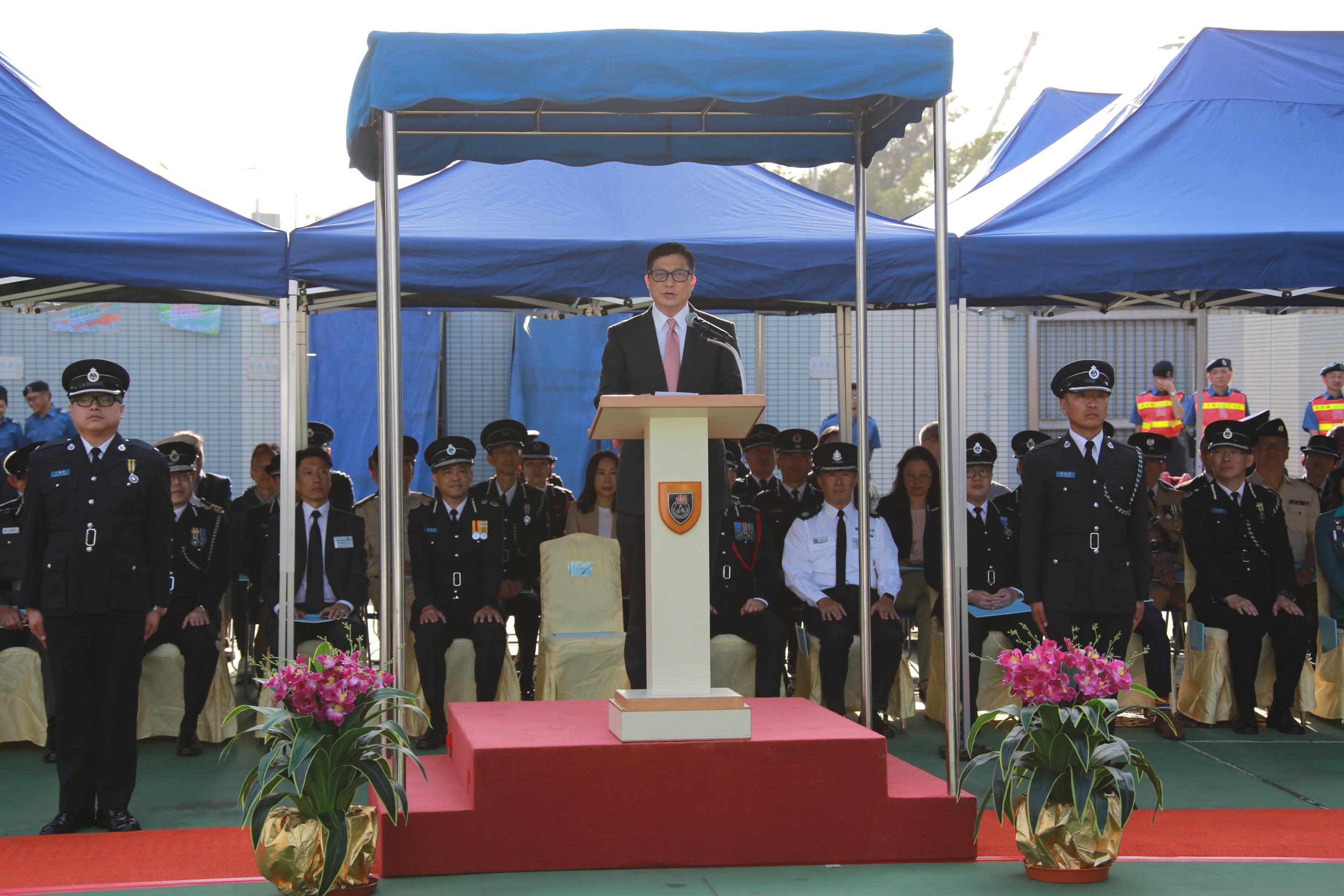 The Secretary for Security, Mr Tang Ping-keung, delivers a speech at the 55th Anniversary Parade of the Civil Aid Service Cadet Corps today (November 19).