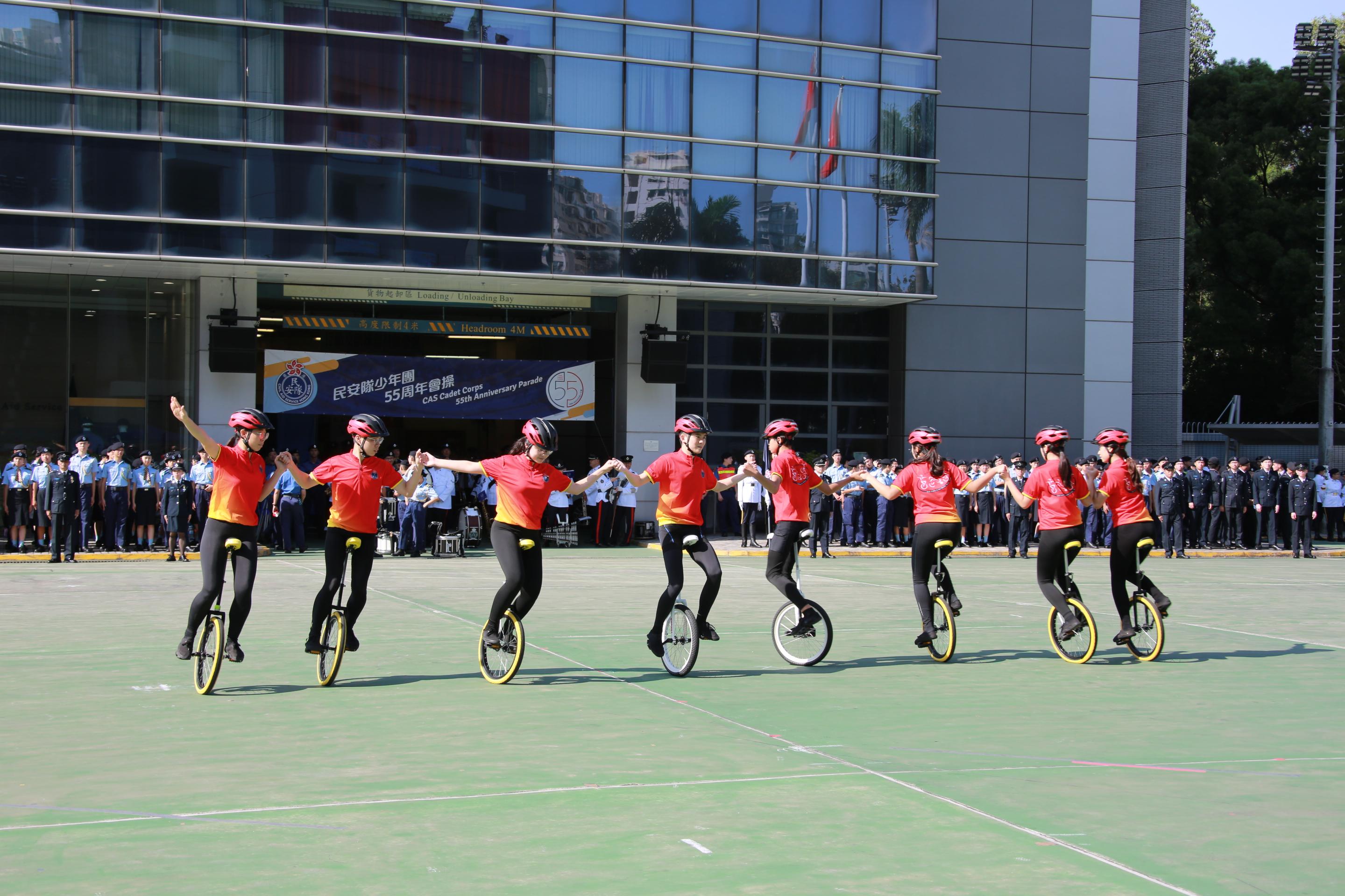 The Civil Aid Service Cadet Corps held the 55th Anniversary Parade today (November 19). Photo shows the Cadet Corps Bicycle Demonstration Team performing after the parade.
