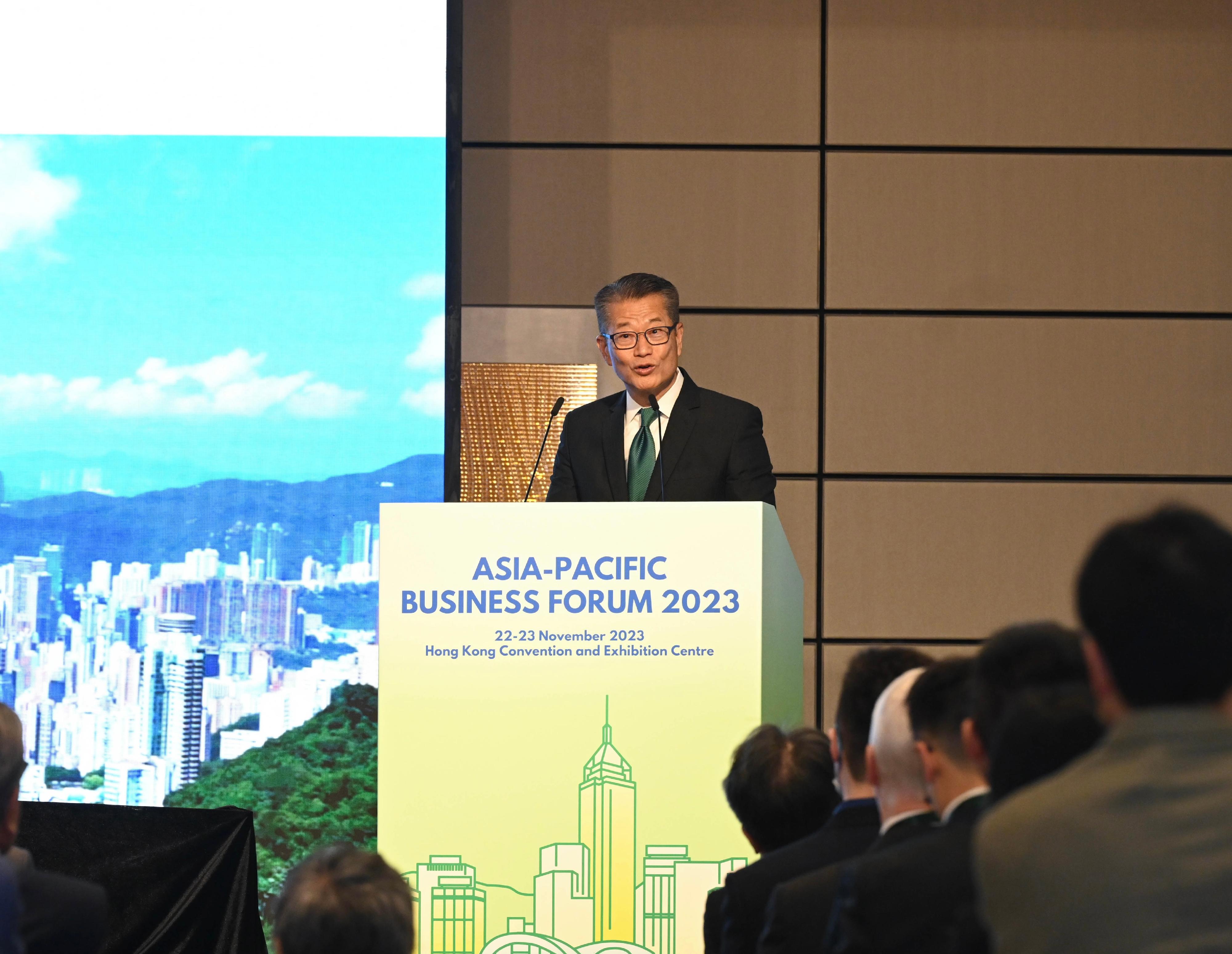 The Financial Secretary, Mr Paul Chan, speaks at the Asia-Pacific Business Forum 2023 organised by the United Nations Economic and Social Commission for Asia and the Pacific (ESCAP) and the ESCAP Sustainable Business Network this morning (November 22).