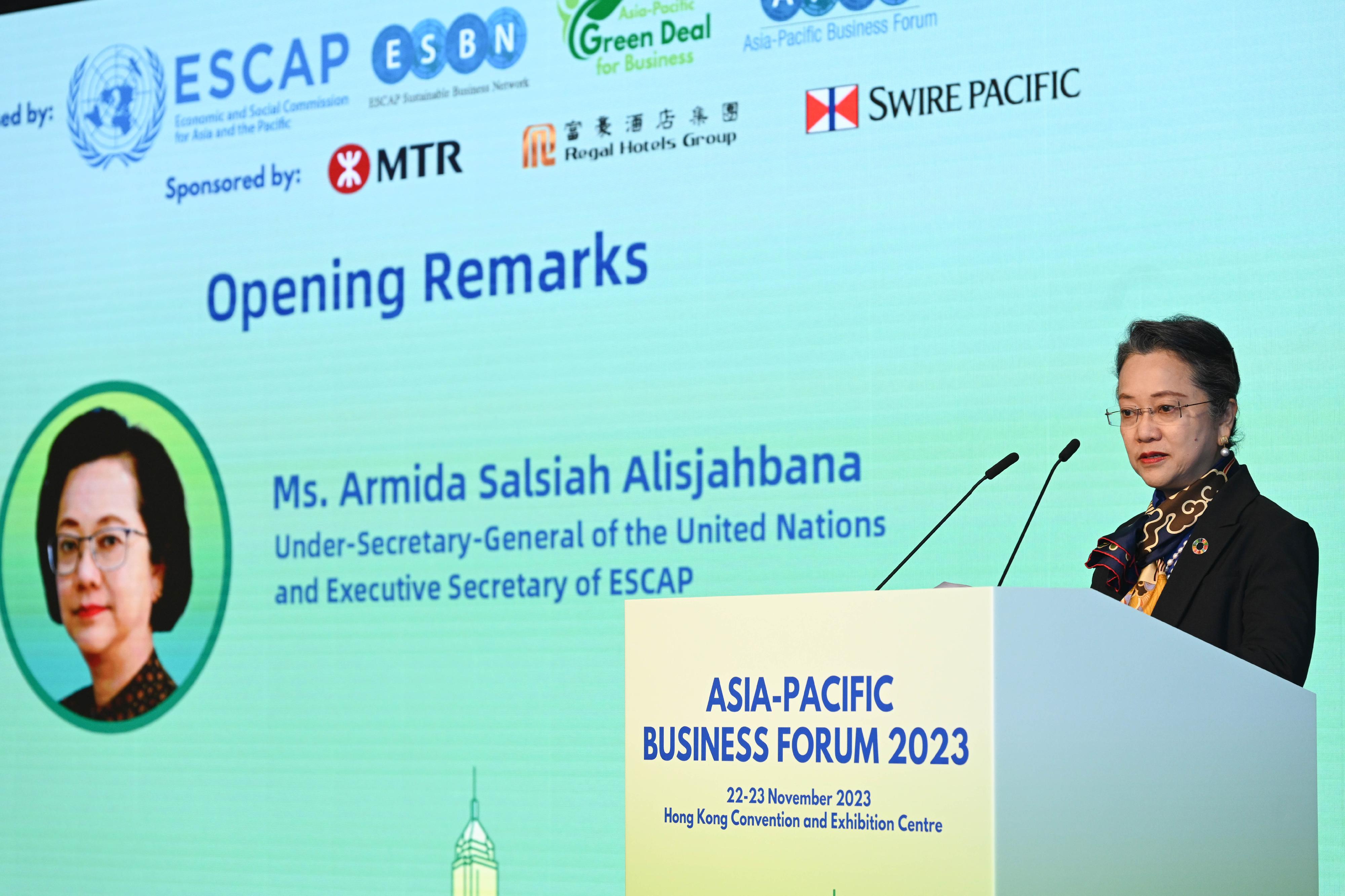 The Under-Secretary-General of the United Nations and Executive Secretary of the United Nations Economic and Social Commission for Asia and the Pacific, Ms Armida Salsiah Alisjahbana, gives opening remarks at the inaugural session of the Asia-Pacific Business Forum 2023 this morning (November 22). 