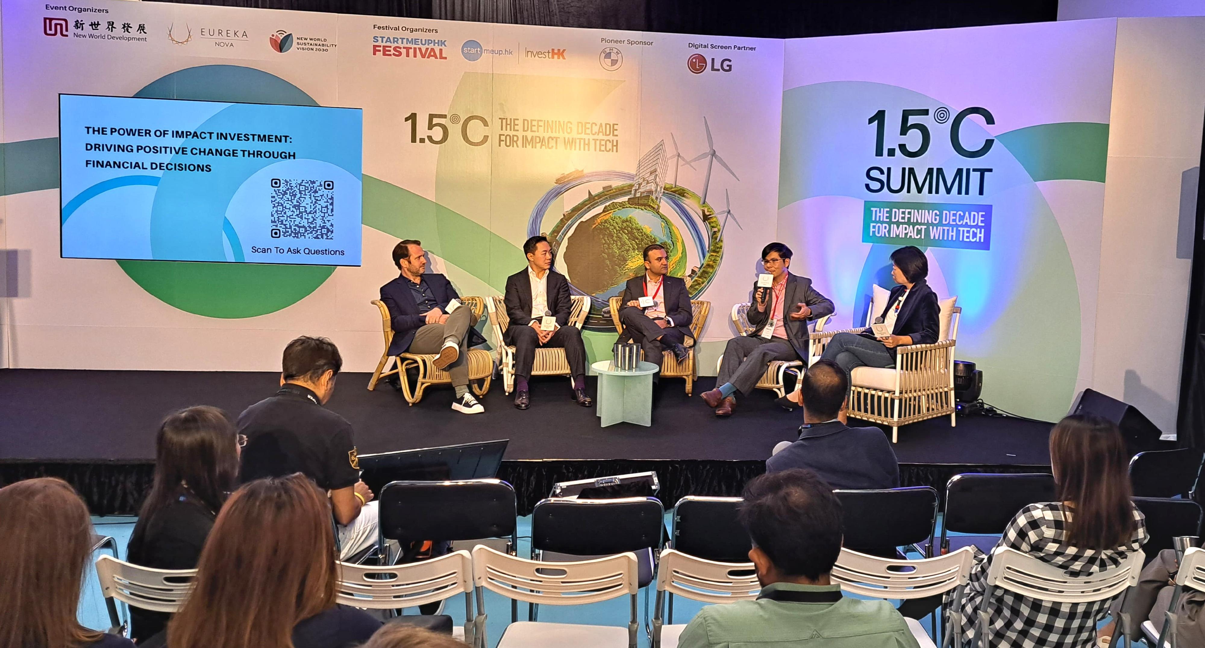 Photo shows (from left) Co-Founder/Managing Partner, Undivided Ventures Mr Alexander Bent; the Managing Director, MTR Lab Company Limited, Mr Michael Chan; the Director, Investment Origination, Asia-Pacific Region Program, NatureVest, the Nature Conservancy, Mr Vikalp Sabhlok; and the Head of Market Intelligence, BlueOnion, Mr William Yuen, during the panel discussion at The 1.5°C Summit - The Defining Decade for Impact with Tech.