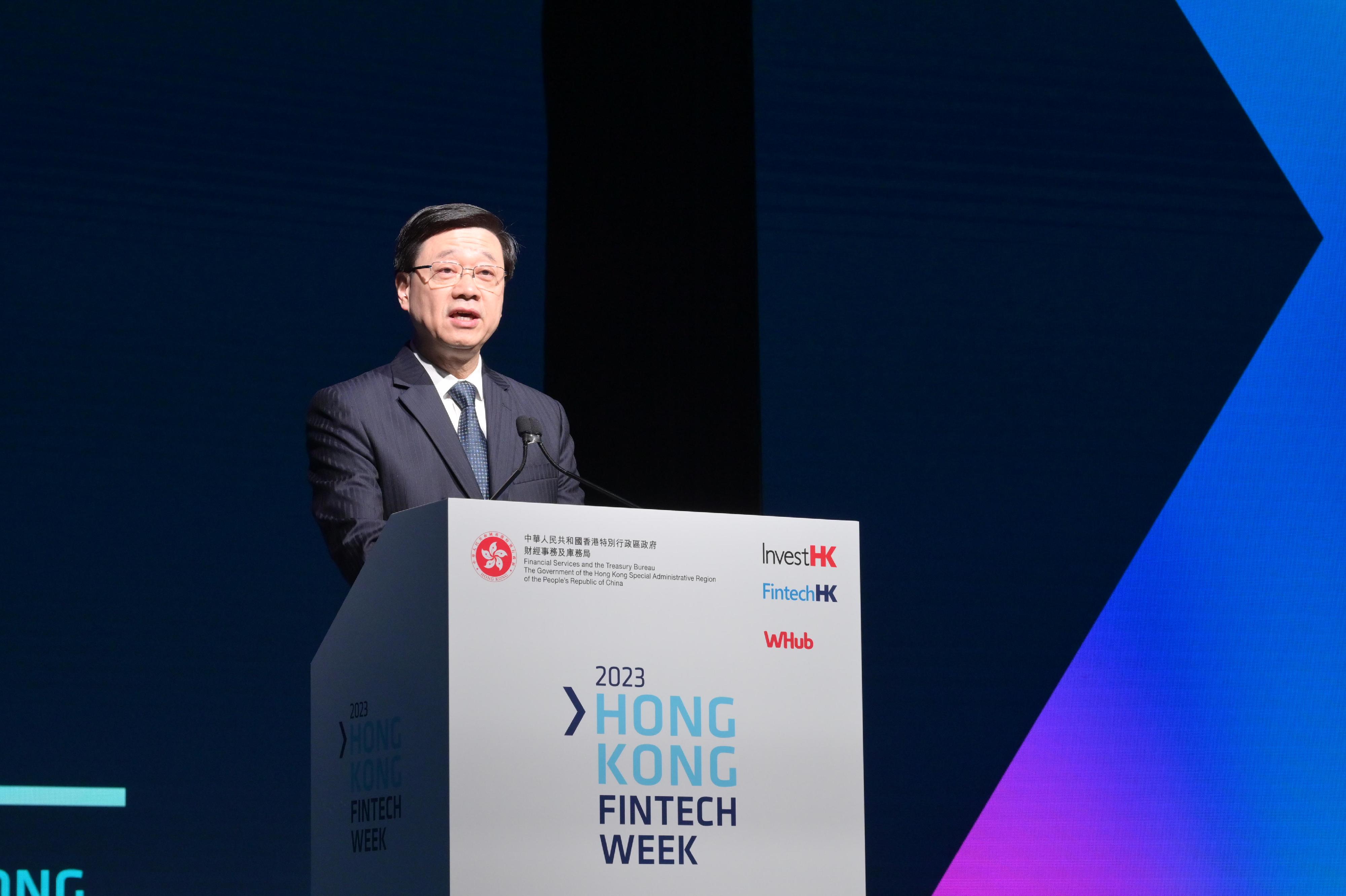 Hong Kong FinTech Week 2023 concluded on November 5, capping off a week-long feast of fintech that included the Greater Bay Area Day on October 31 and the two-day main conference on November 2 and 3. Photo shows the Chief Executive, Mr John Lee, speaking at Hong Kong FinTech Week 2023 on November 2.
