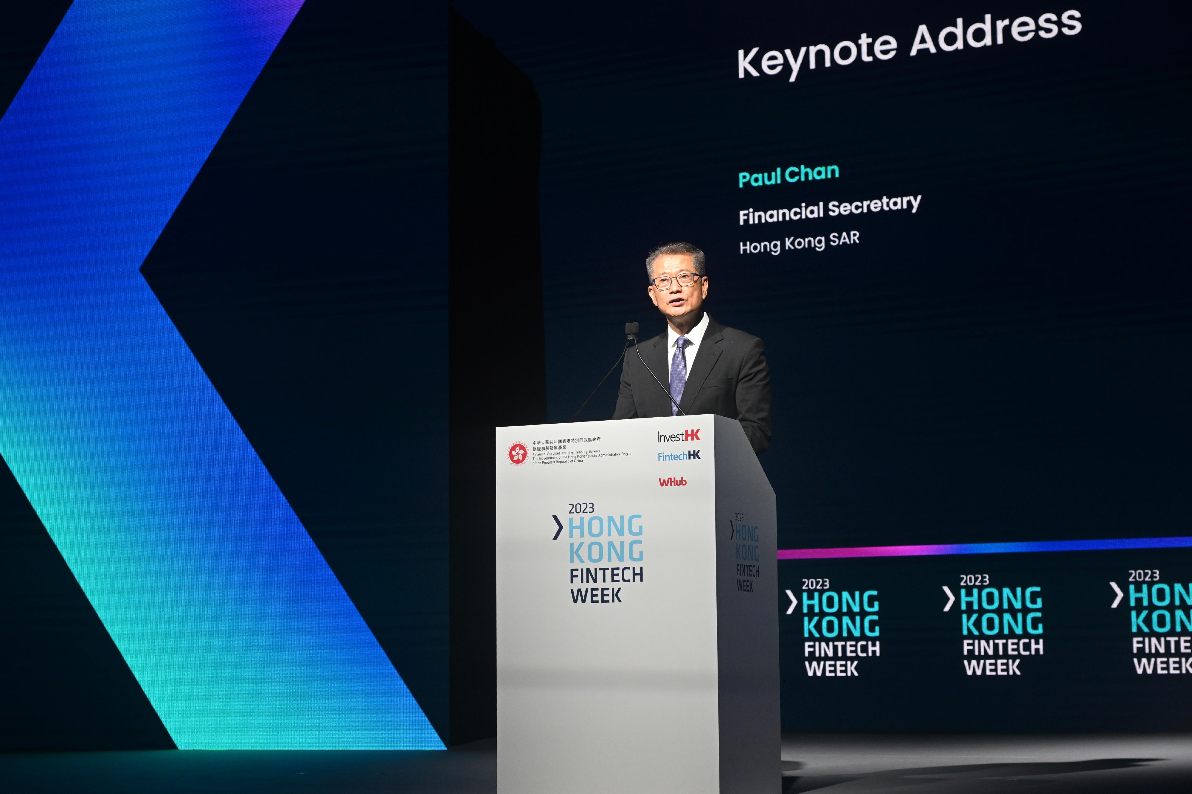 Hong Kong FinTech Week 2023 concluded on November 5, capping off a week-long feast of fintech that included the Greater Bay Area Day on October 31 and the two-day main conference on November 2 and 3. Photo shows the Financial Secretary, Mr Paul Chan, speaking at Hong Kong FinTech Week 2023 on November 2.