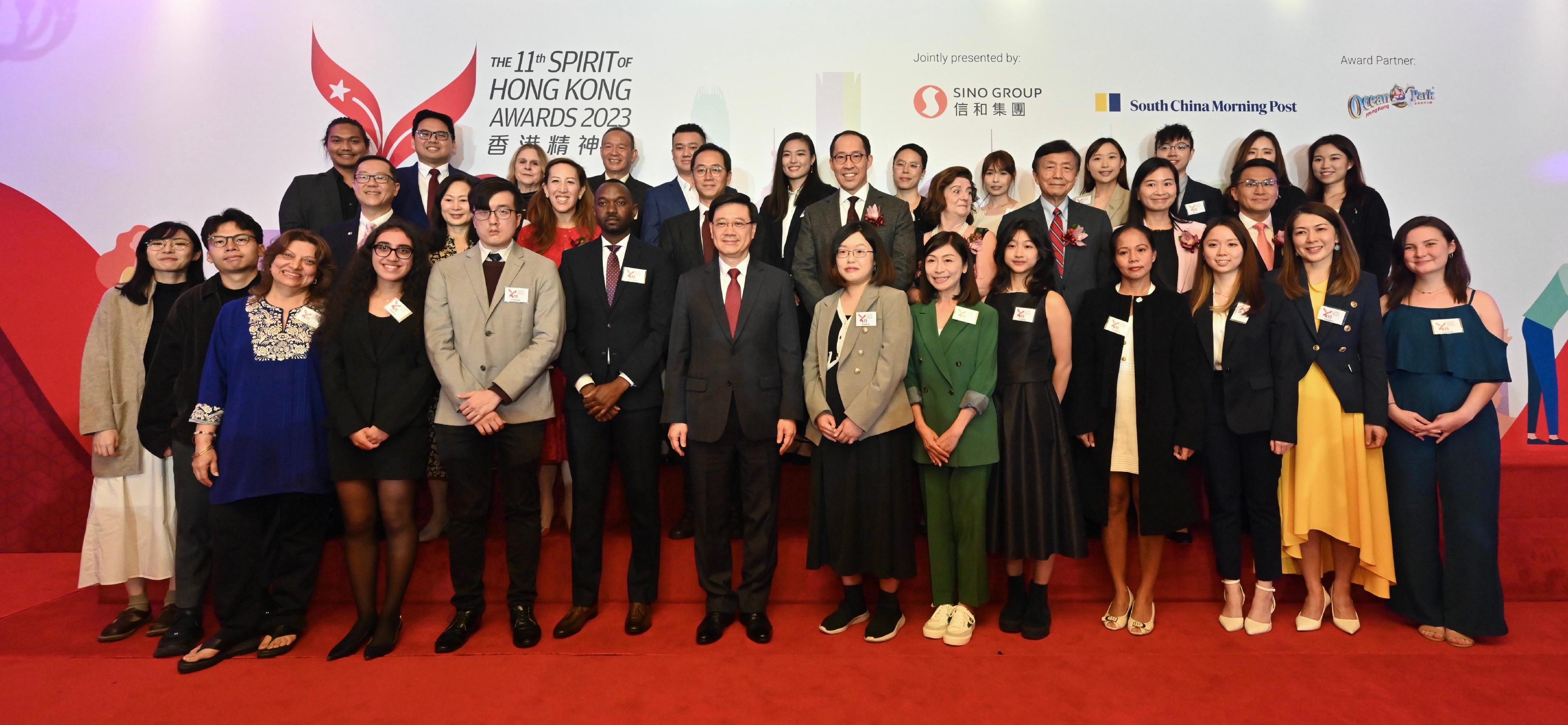 The Chief Executive, Mr John Lee, attended the 11th Spirit of Hong Kong Awards 2023 today (December 1). Photo shows Mr Lee (first row, seventh left), the finalists and other guests.