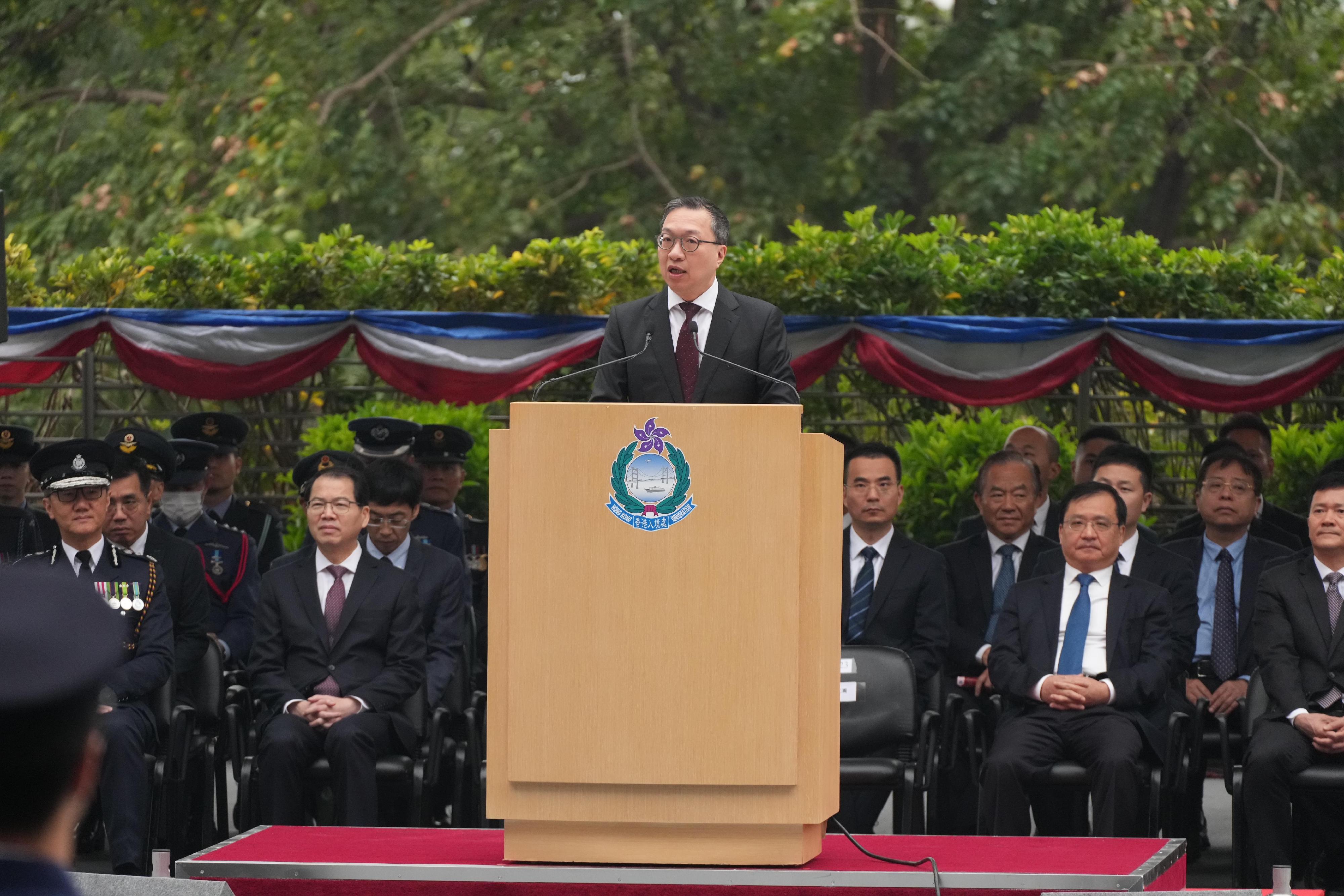 The Security Bureau today (December 4) held the Constitution Day Flag Raising Ceremony. Photo shows the Secretary for Justice, Mr Paul Lam, SC, addressing the flag raising ceremony.
