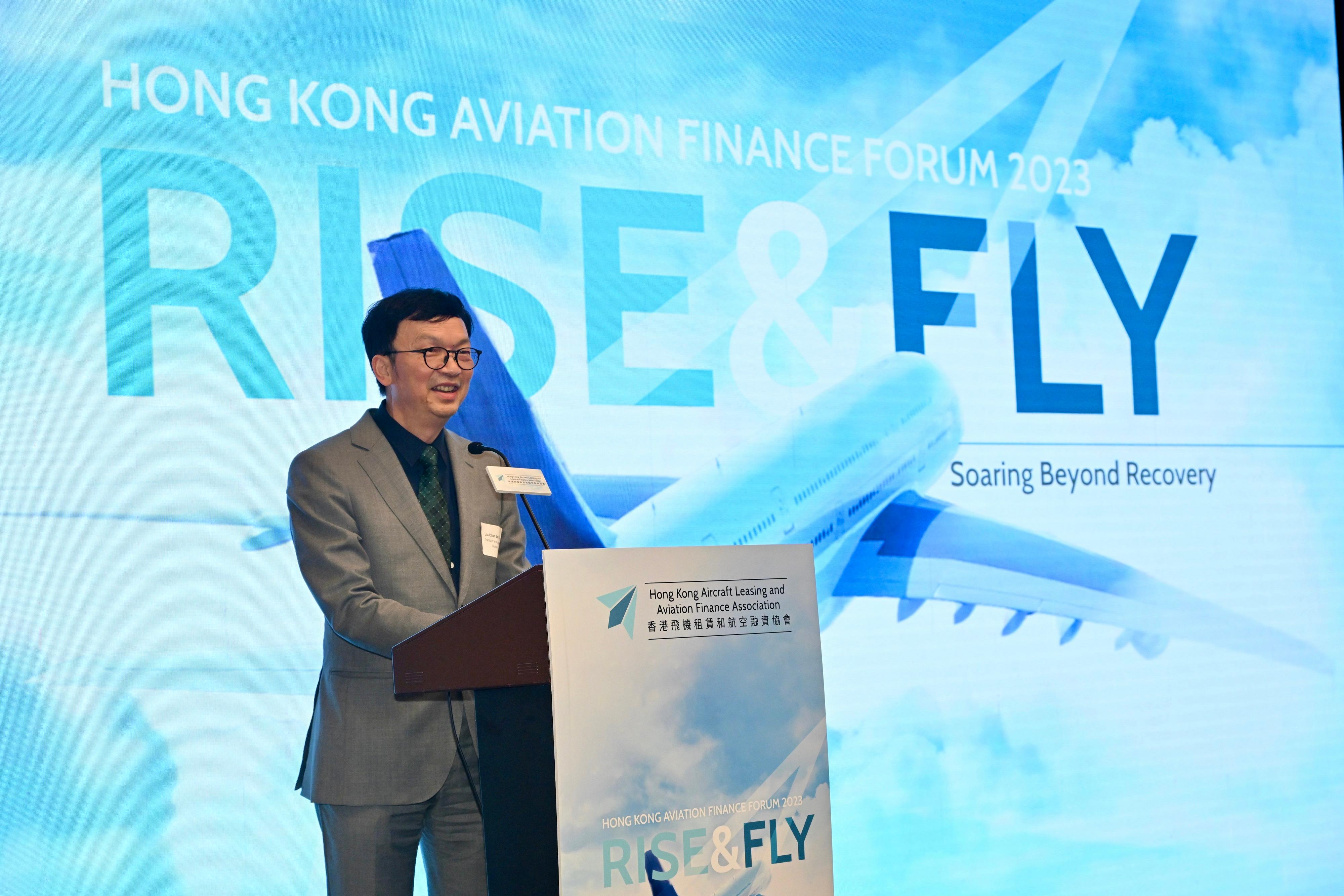 The Acting Secretary for Transport and Logistics, Mr Liu Chun-san, today (December 4) delivers opening remarks at the Hong Kong Aviation Finance Forum 2023.