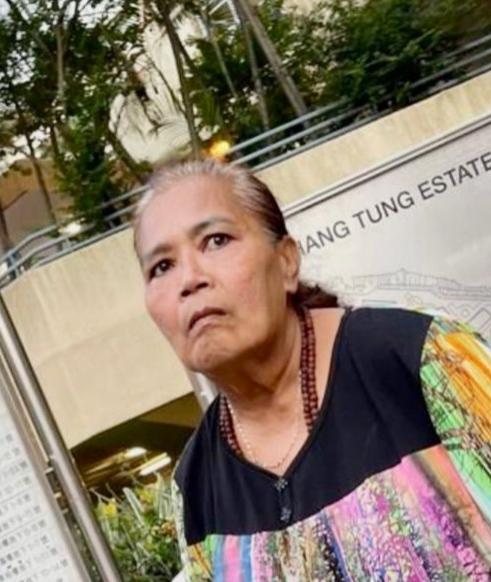 Jiamthong Sanom, aged 62, is about 1.62 metres tall, 72 kilograms in weight and of fat build. She has a round face with yellow complexion and long black and white hair. She was last seen wearing a purple shirt with floral pattern, black trousers and black slippers.
